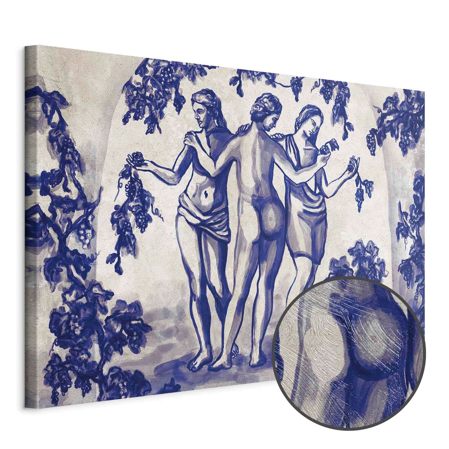Leinwandbild Antyczna winnica - trzy kobiety w portalu malowane niebieskim tuszem 120×80 cm, Standardleinwand