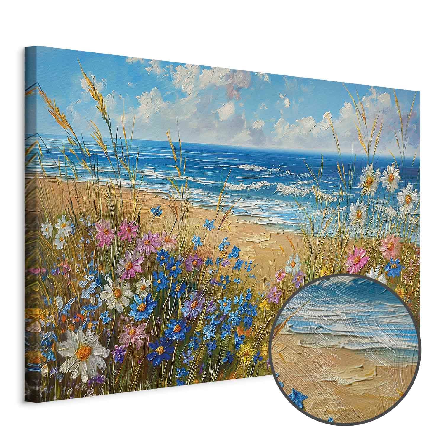 Canvas print Morski krajobraz - polne kwiaty i widok na wzburzone morze 120×80 cm, standard canvas