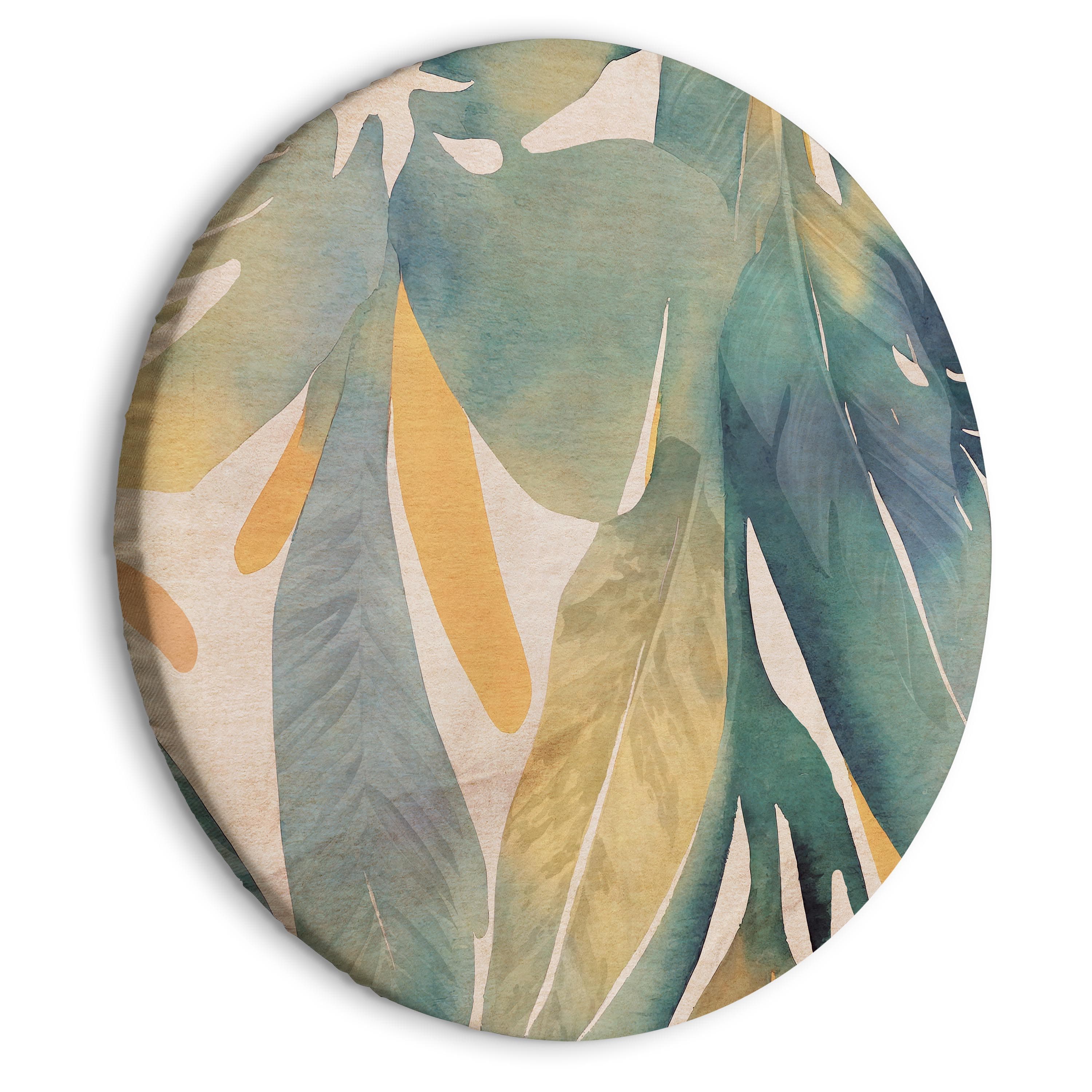 Round canvas print Akwarelowa egzotyka - Zwisające delikatne tropikalne rośliny w barwach zieleni i żółci na beżowym tle 60×60 cm