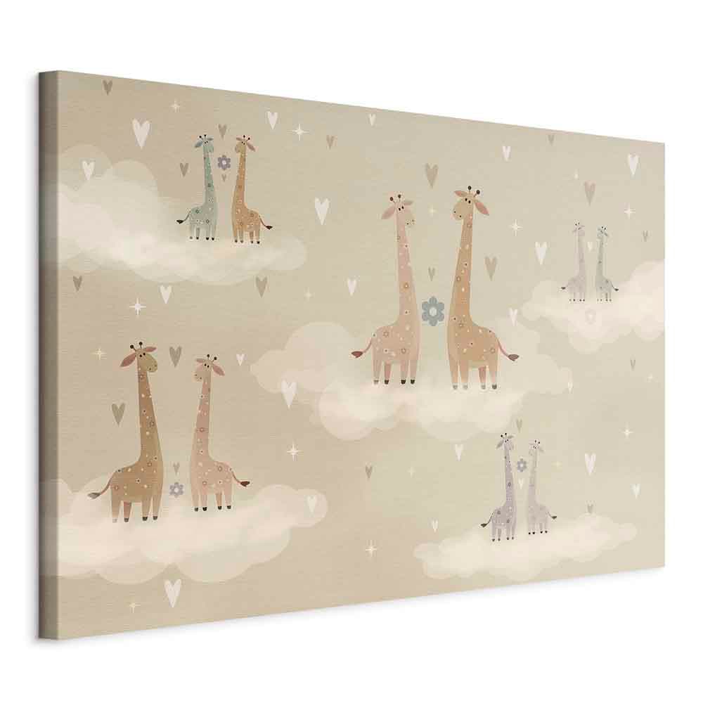 Obraz na płótnie Miłość - kolorowe żyrafy unoszące się na chmurach wśród serc i gwiazd 60×40 cm, płótno włoskie