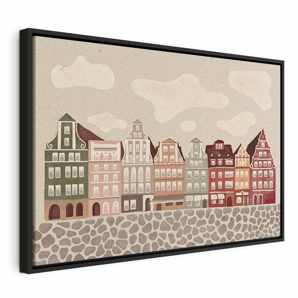 Leinwandbild Plac Solny - kolorowe ilustrowane kamieniczki na tle nieba z chmurami 90×60 cm, Standardleinwand