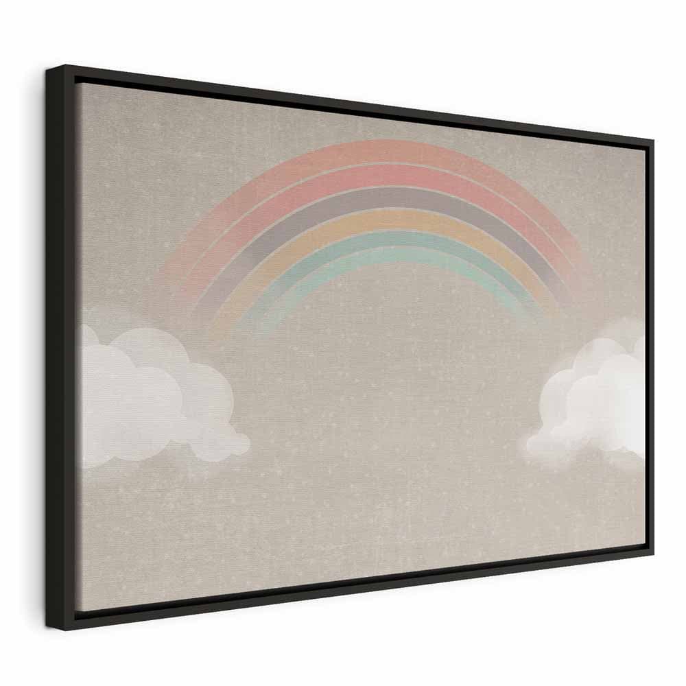 Canvas print Deszczowy czerwiec - kolorowa tęcza wychodząca z chmur na jasnym tle 120×80 cm, standard canvas