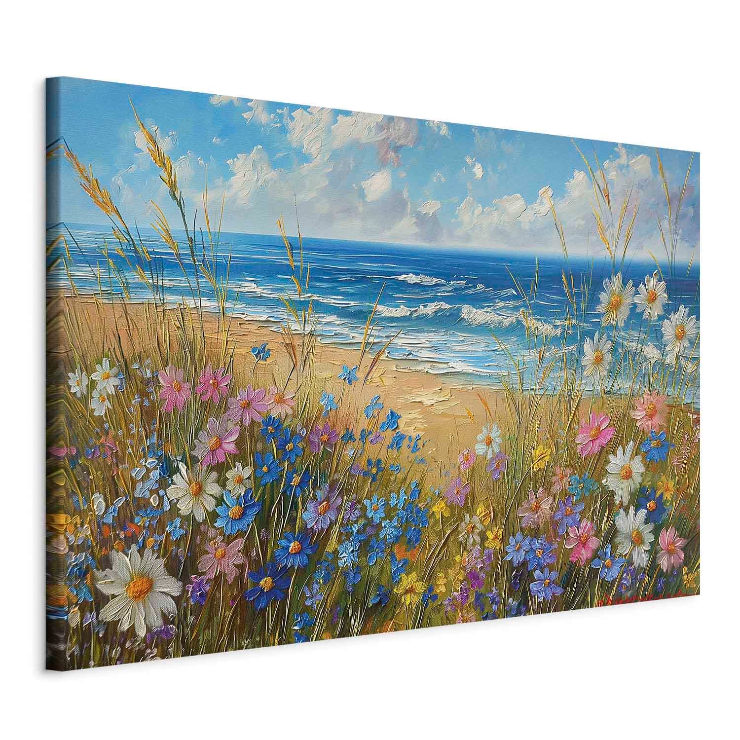 XXL-Leinwandbild Morski krajobraz - polne kwiaty i widok na wzburzone morze 130×87 cm