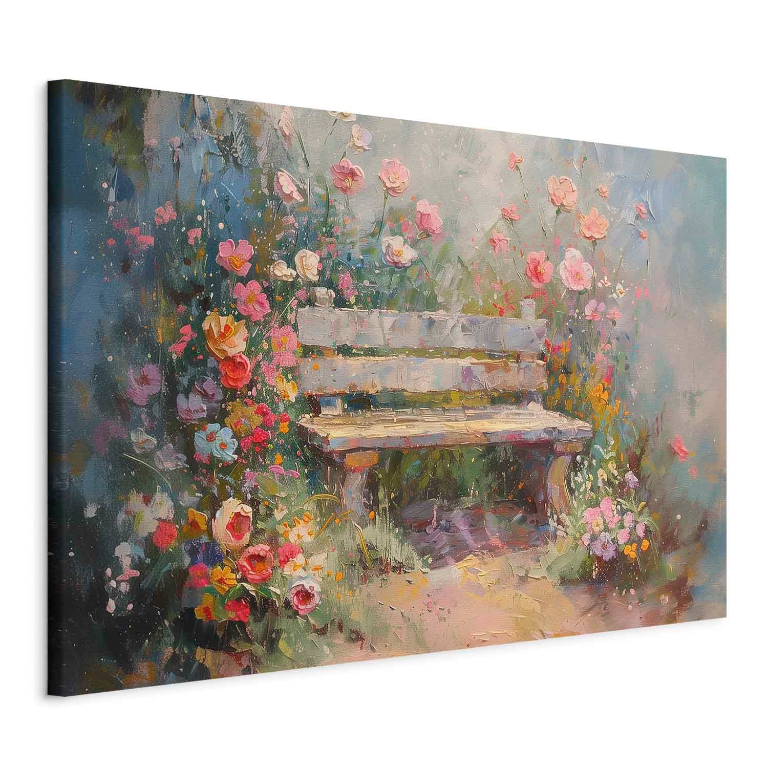 XXL canvas print Kwiecista ławeczka - obraz w stylu impresjonistycznym pełen kwiatów 130×87 cm