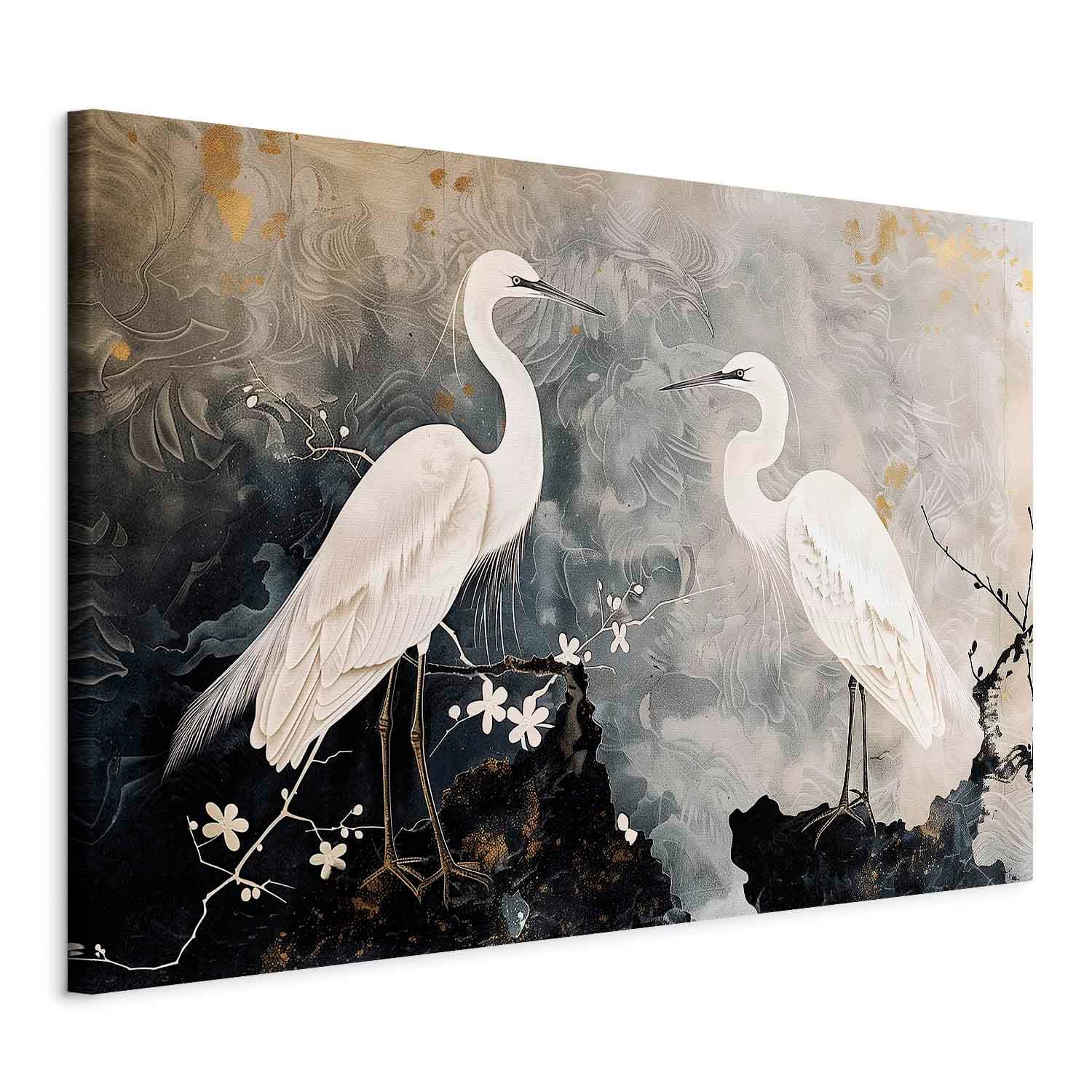 Obraz XXL Czaple i kwiat wiśni - ilustracja w orientalnym stylu przedstawiająca ptaki 130×87 cm