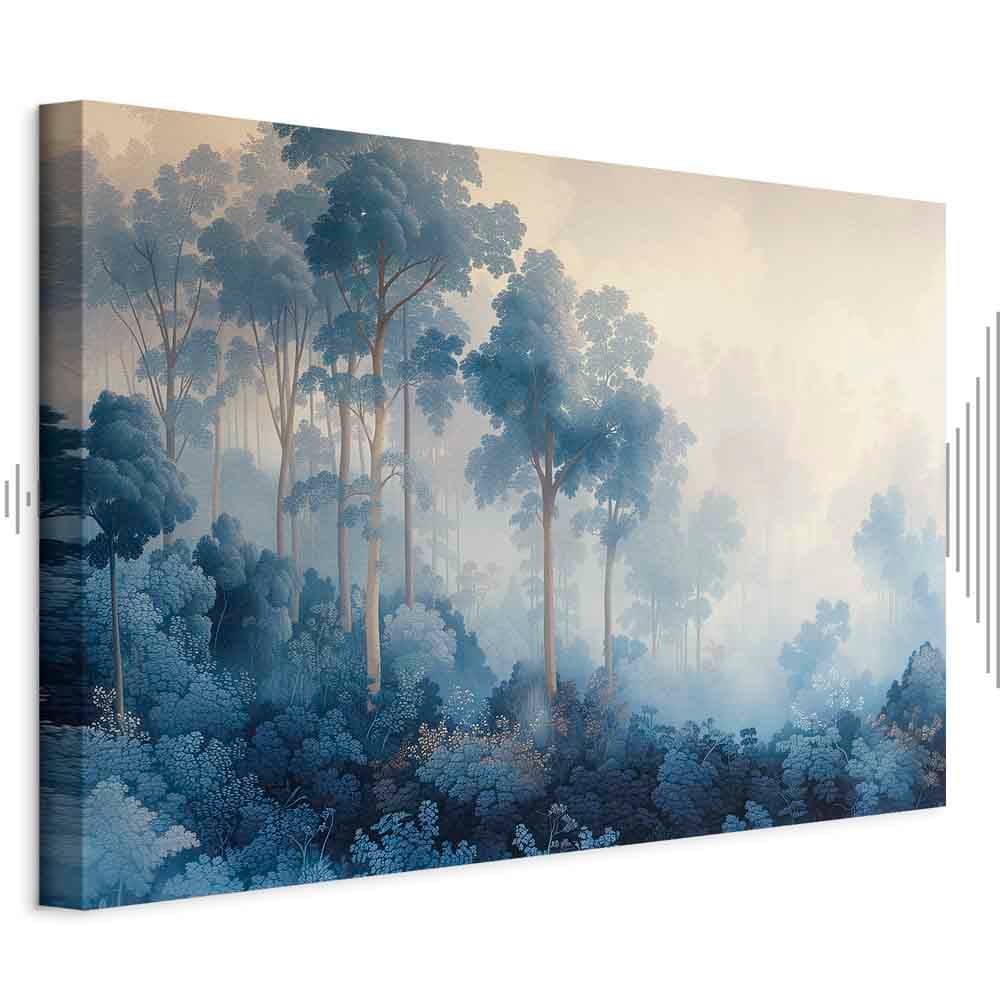 Leinwandbild Pejzaż z drzewami w ilustracyjnym stylu bajkowy niebieski las 120×80 cm, Standardleinwand