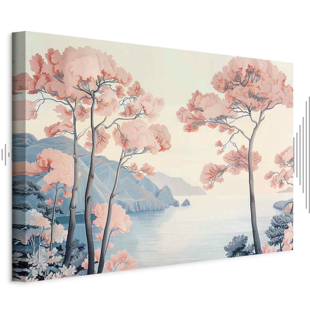 Leinwandbild Pejzaż z oceanem klifami i drzewami w delikatnych różowych barwach 30×20 cm, Standardleinwand