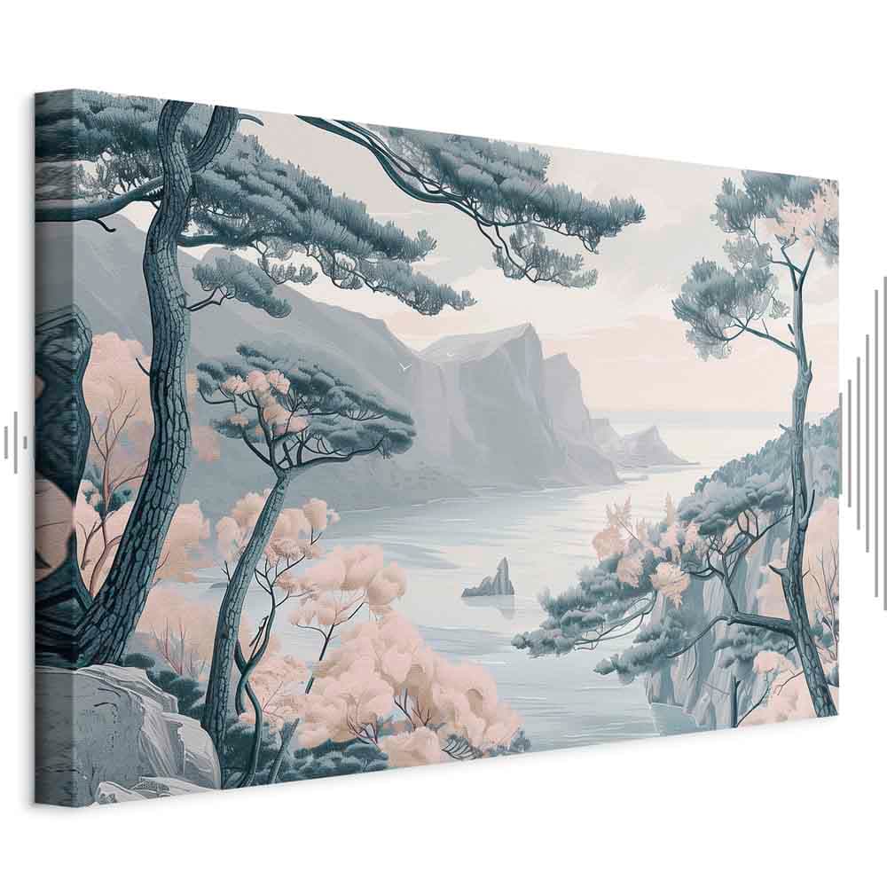 Canvas print Górzyste wybrzeże z drzewami i skałami w lekkich pastelowych błękitach 90×60 cm, standard canvas