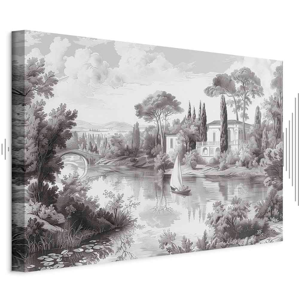 Obraz na płótnie Czarno-biały pejzaż vintage retro widok na staw z łódką 60×40 cm, płótno standard