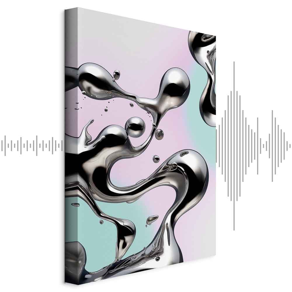 Canvas print Metaliczne Płynności - abstrakcyjne srebrne formy na miętowo-fioletowym tle 40×60 cm, standard canvas
