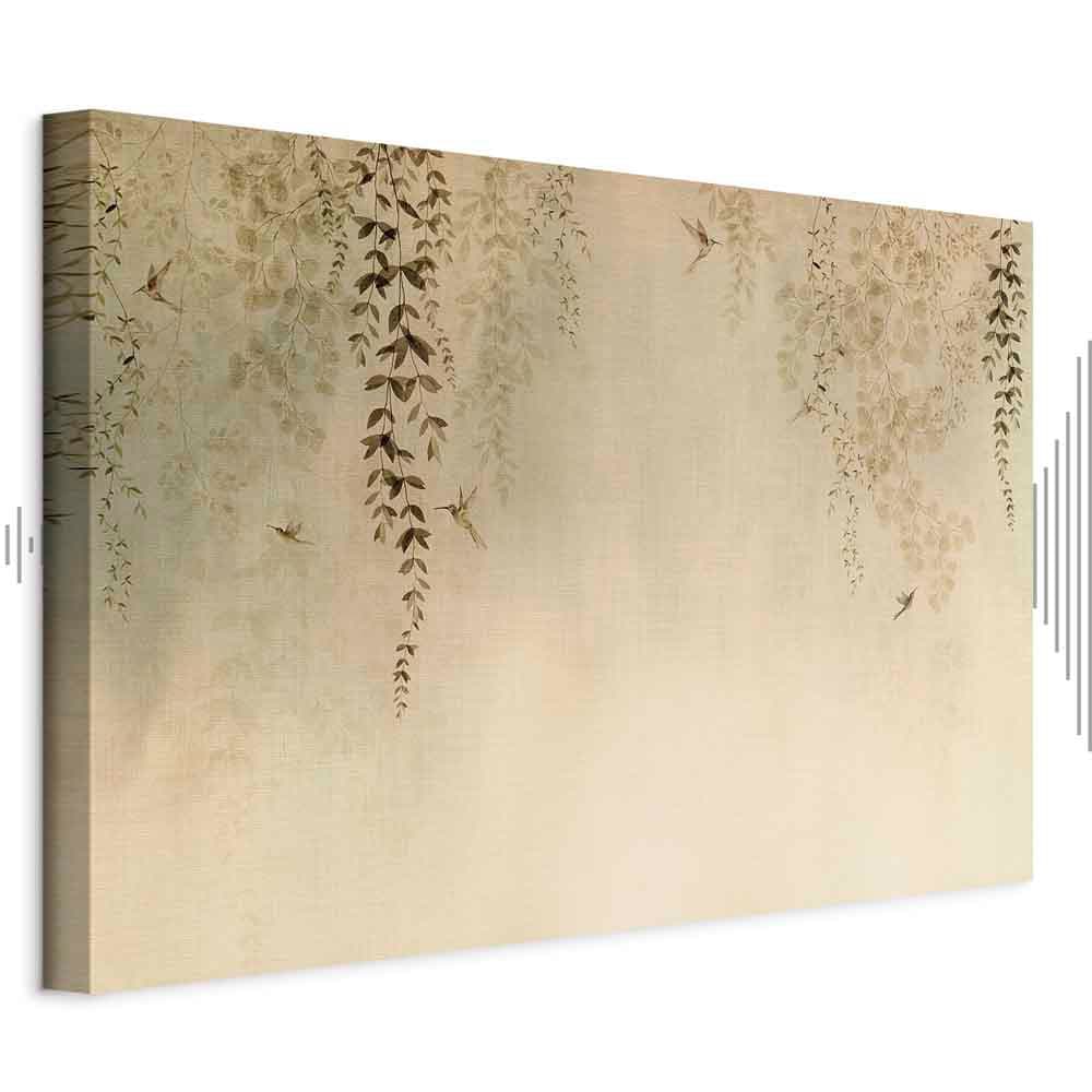 Canvas print Wiosenny sad - koliberki wśród gałęzi drzew w odcieniach beżu 90×60 cm, standard canvas
