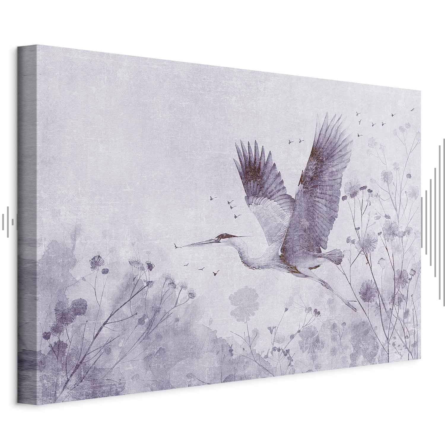 Obraz na płótnie Majestatyczny lot - żuraw w locie w monochromatycznej, chłodnej kolorystyce 60×40 cm, płótno standard
