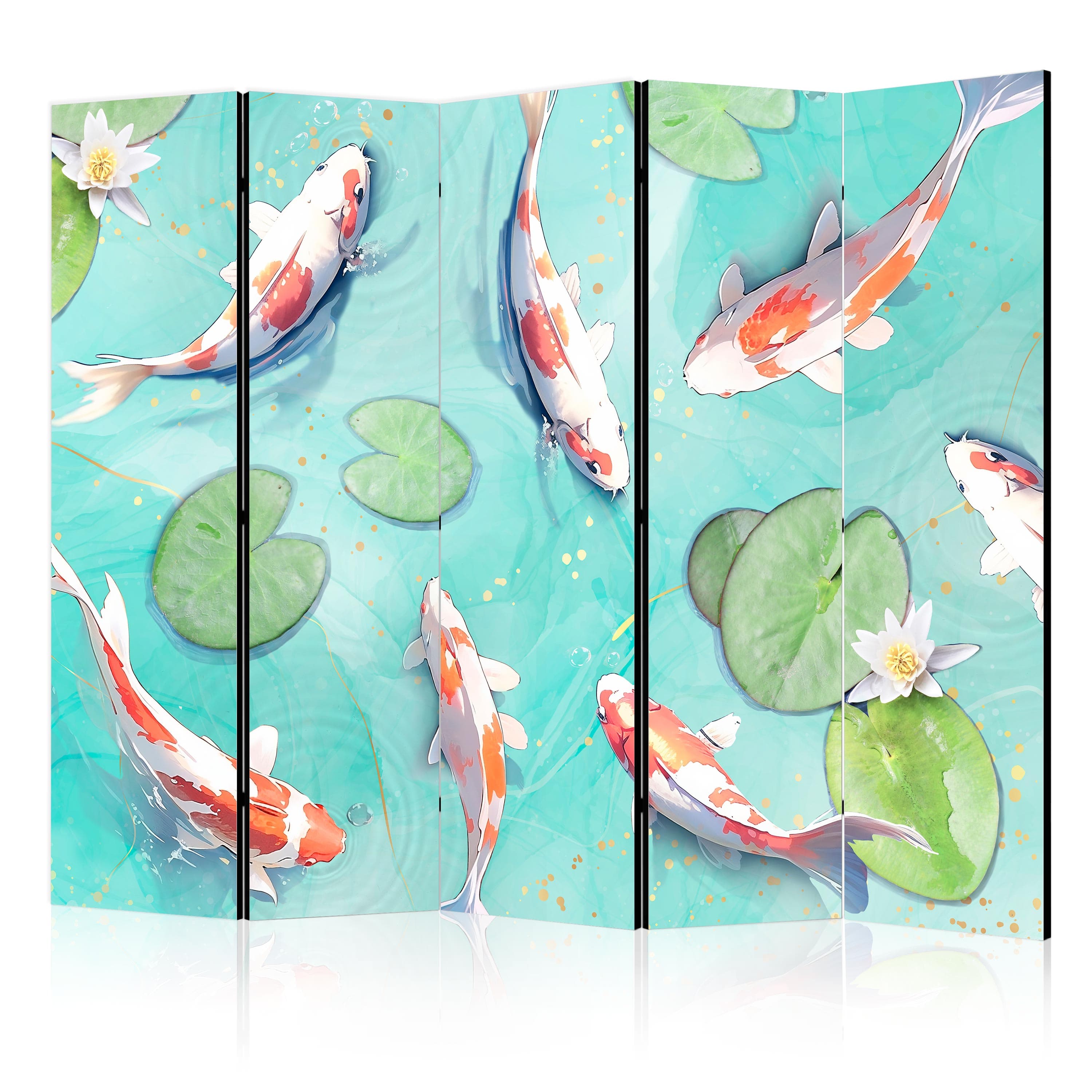 Parawan Zjawiskowe rybki - Biało-pomarańczowe rybki Koi pływające w krystalicznie przejrzystej wodzie z nenufarami 225×172 cm, akustyczny
