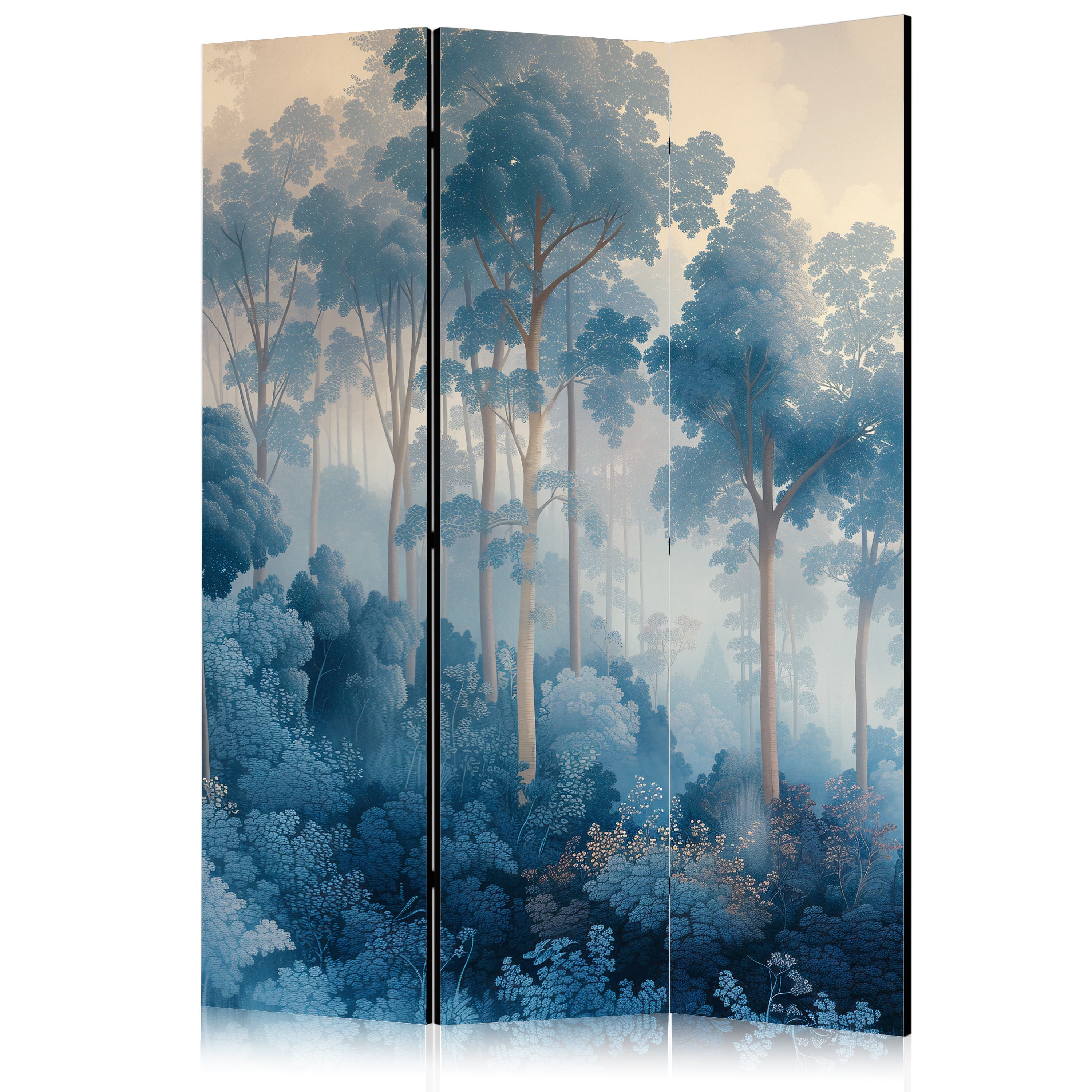 Room divider Pejzaż z drzewami w ilustracyjnym stylu - bajkowy niebieski las 135×172 cm, acoustic