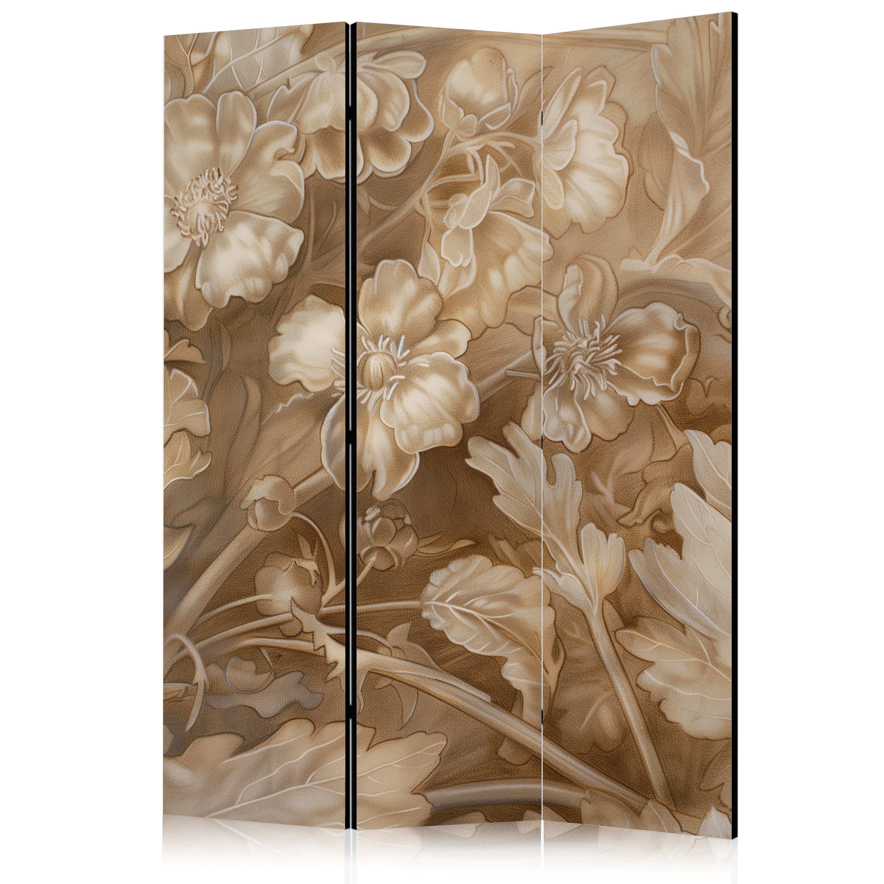 Room divider Ornamenty kwiatowe rzeźbione w delikatnych odcieniach sepii i brązu 135×172 cm, acoustic