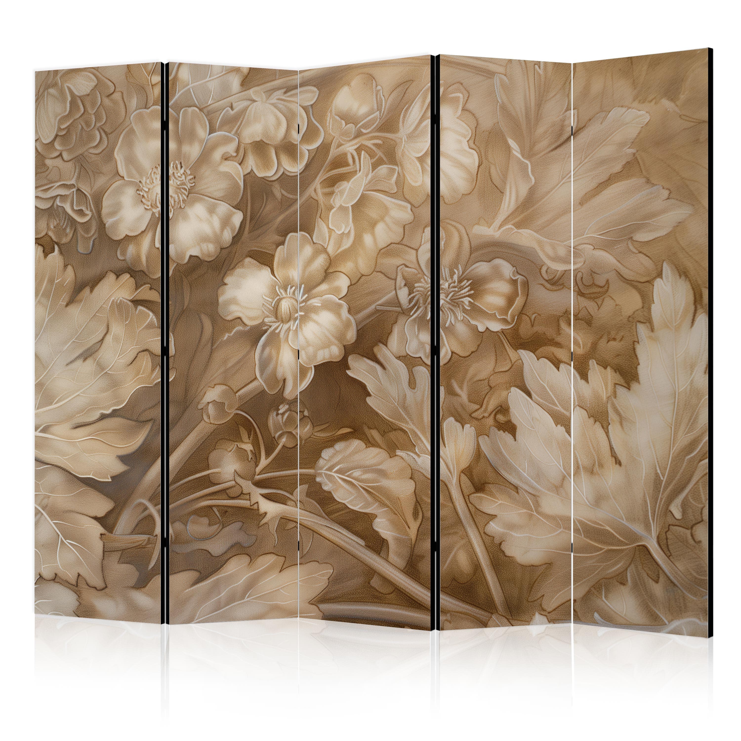 Room divider Ornamenty kwiatowe rzeźbione w delikatnych odcieniach sepii i brązu 225×172 cm, acoustic