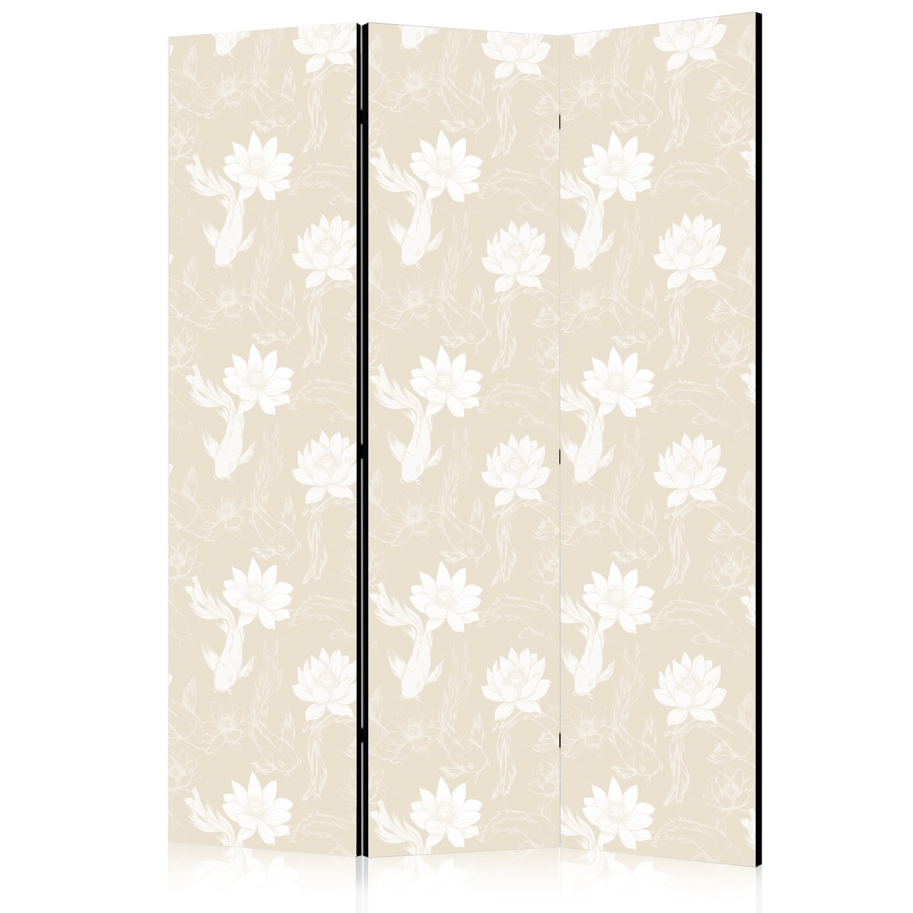 Parawan Ryby i lilie wodne - Jasne orientalne ryby pływające pośród kwiatów wodnych na delikatnym piaskowo-beżowym tle 135×172 cm, akustyczny