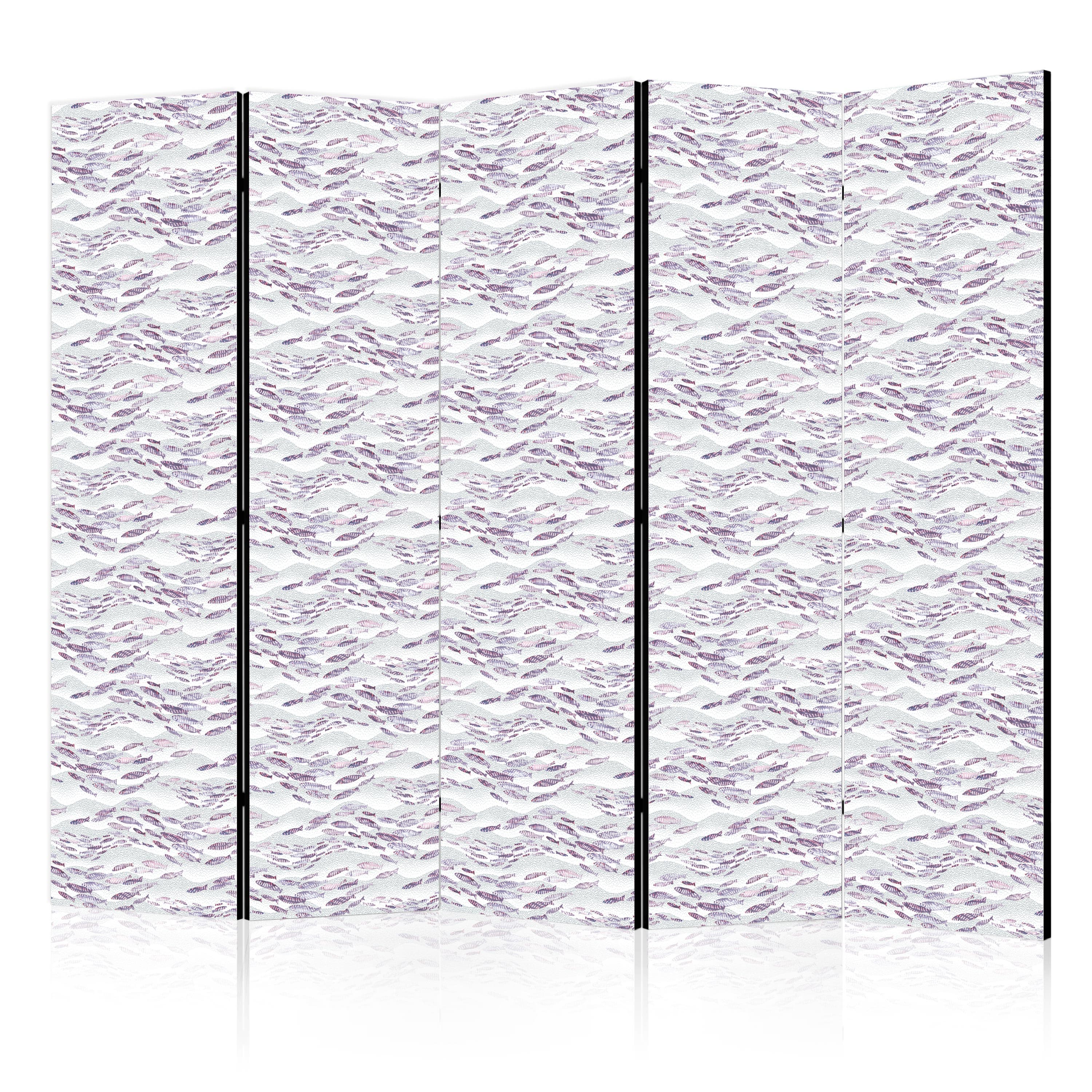 Room divider Rybki w stonowanych barwach - Ławica małych rybek w kolorystyce jasnego fioletu i delikatnego różu na tle szarych fal 225×172 cm, acoustic