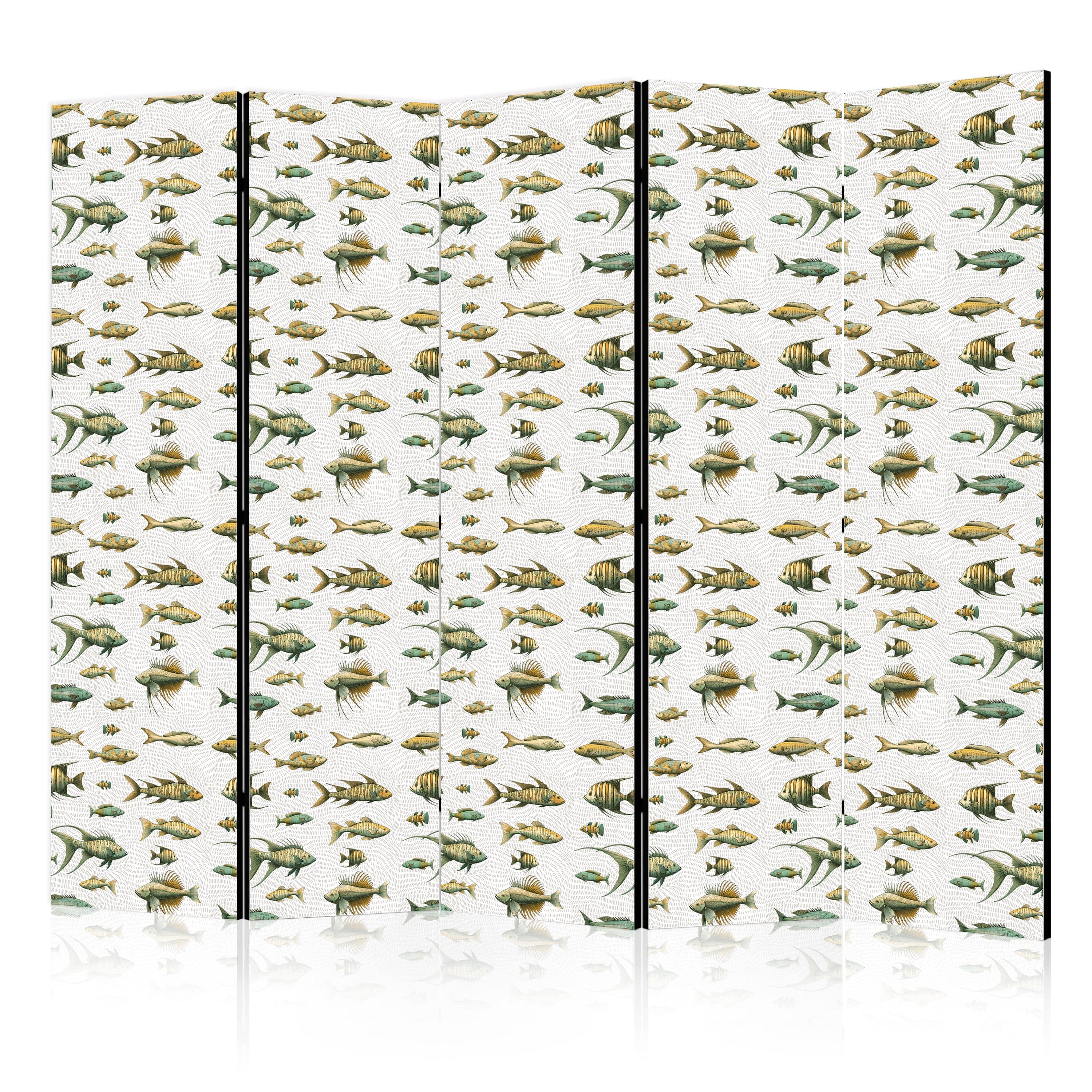 Room divider Niezwykłe gatunki ryb - Gromada ryb w stonowanej kolorystyce w stylu retro na tle z beżowych kreseczek 225×172 cm, one-sided