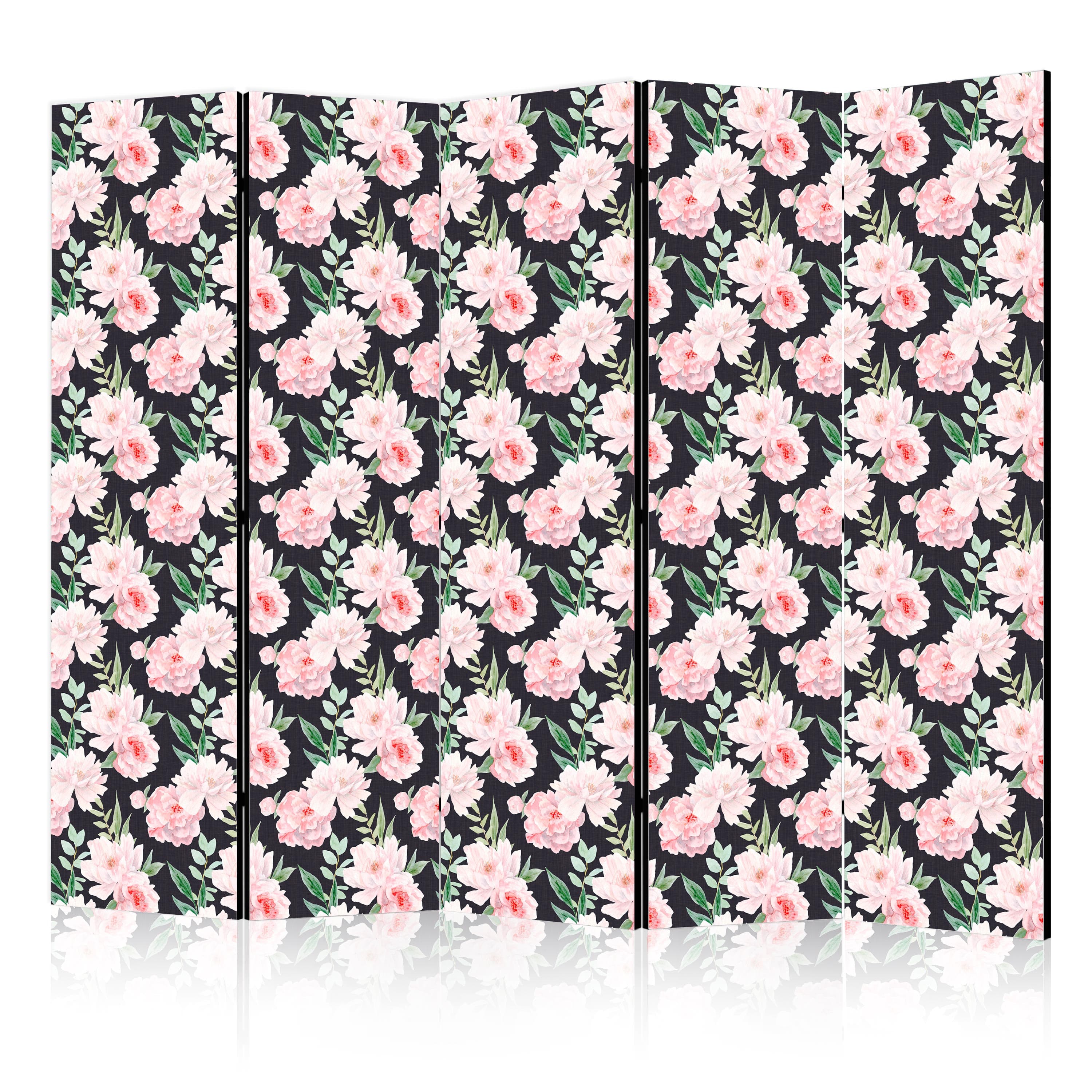 Room divider Piwonie - różowe kwiaty i zielone listki na grafitowym tle 225×172 cm, acoustic