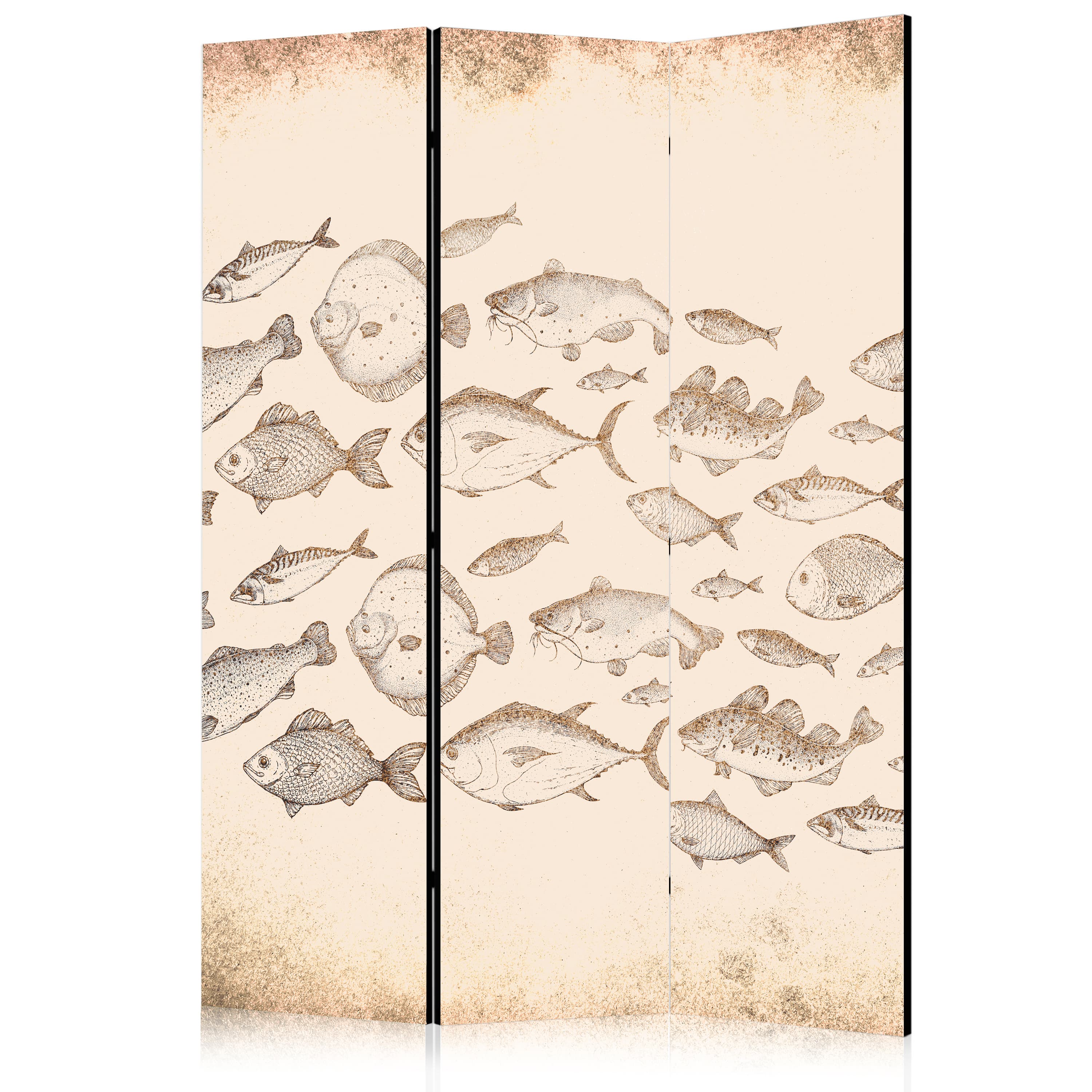 Parawan Szkic ławicy ryb - Szkice różnych gatunków ryb płynących w ławicy na beżowym tle w stylu vintage 135×172 cm, jednostronny