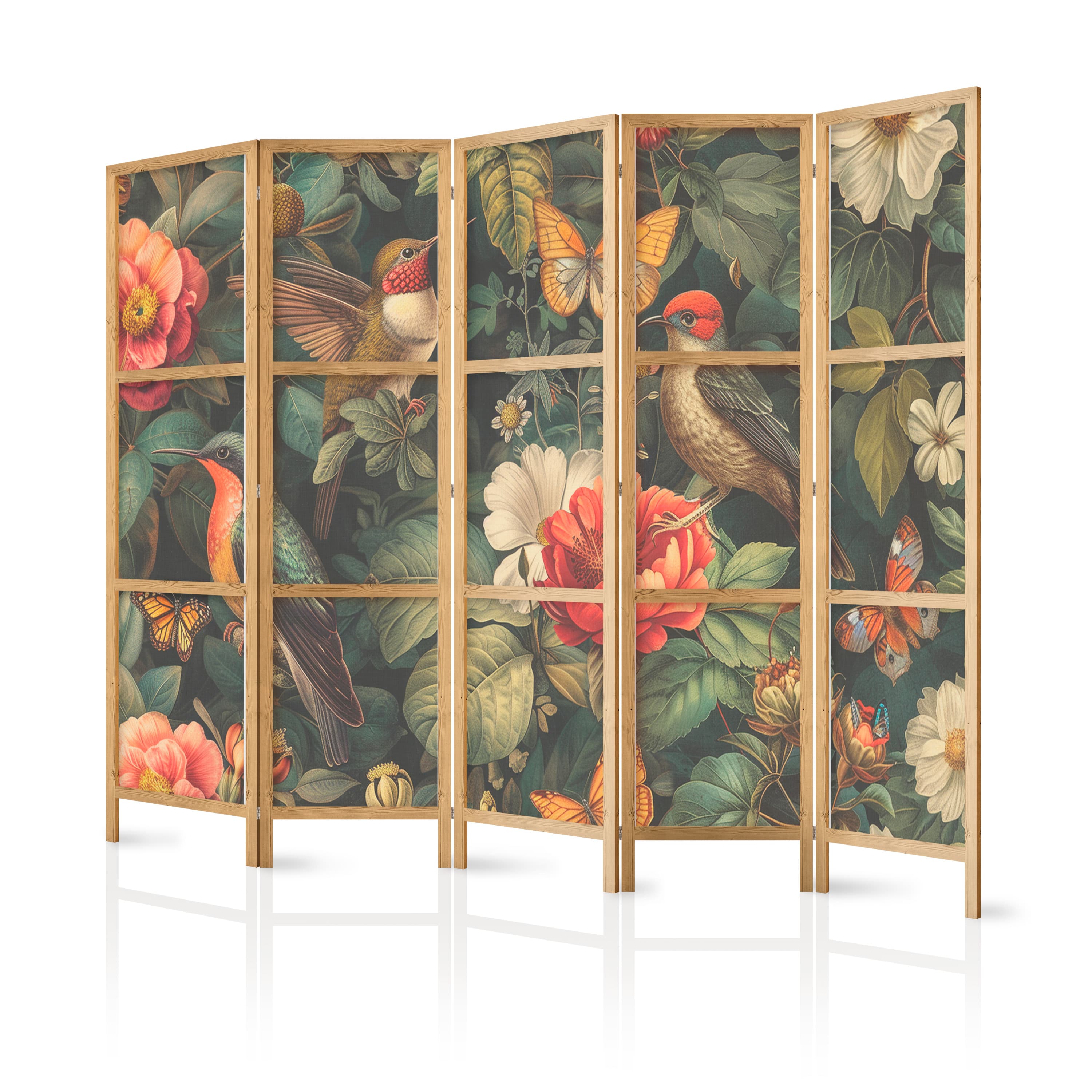 Parawan japoński W ogrodzie botanicznym - kwiaty ptaki i motyle - barwna ilustracja 225×172 cm, japoński