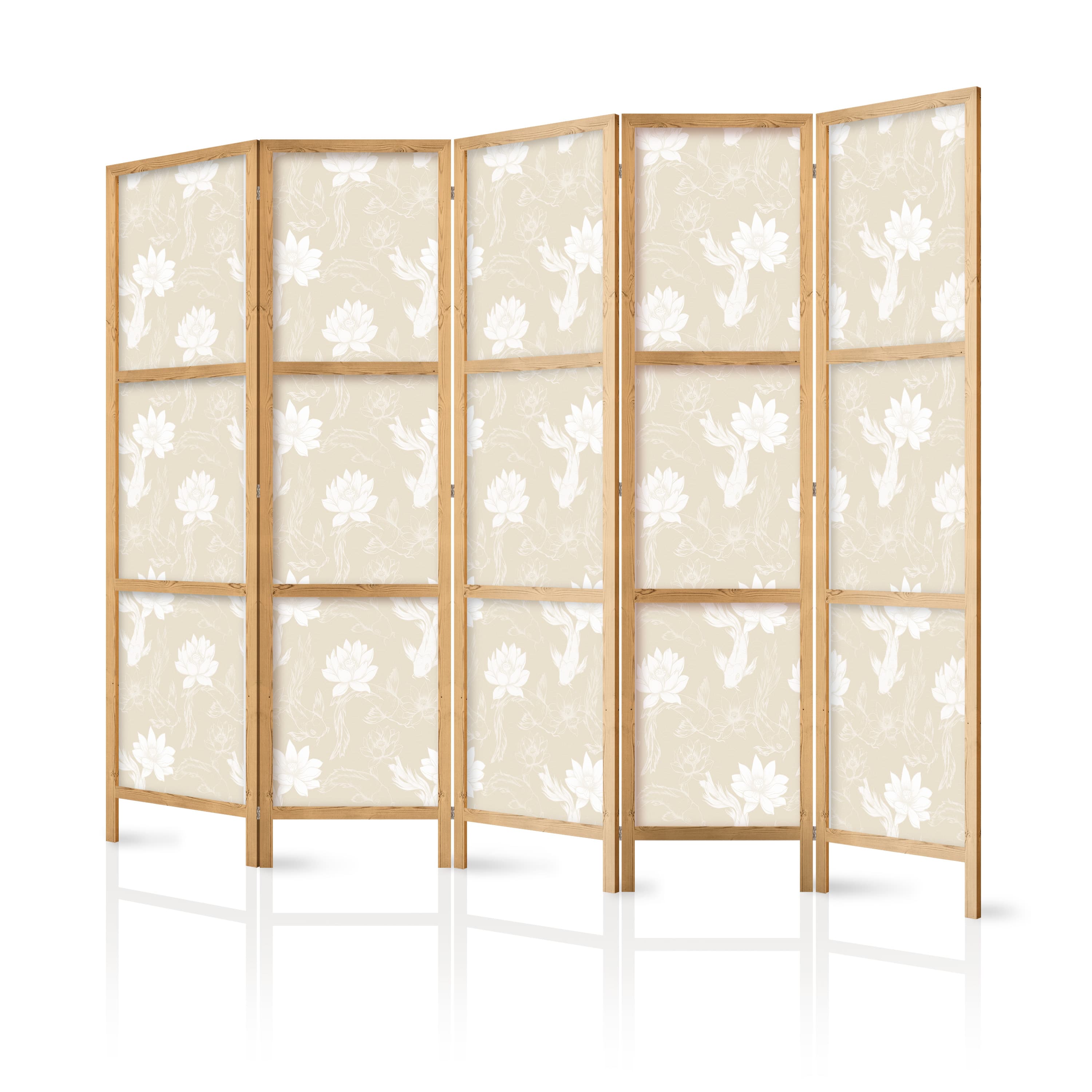 Japanese room divider Ryby i lilie wodne - Jasne orientalne ryby pływające pośród kwiatów wodnych na delikatnym piaskowo-beżowym tle 225×172 cm, Japanese