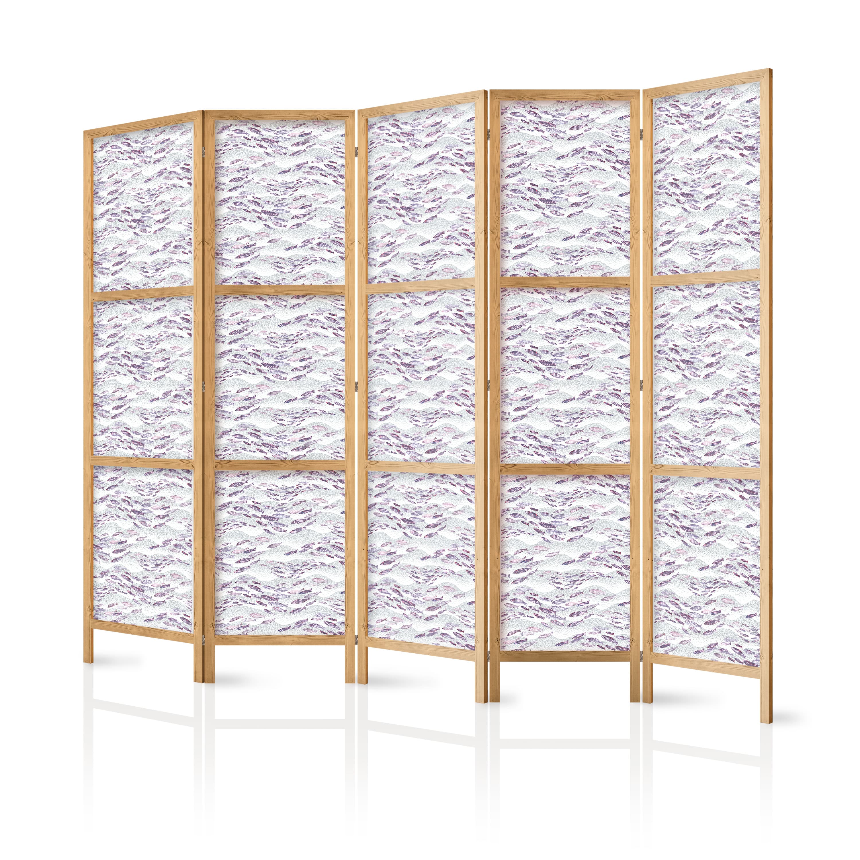Parawan japoński Rybki w stonowanych barwach - Ławica małych rybek w kolorystyce jasnego fioletu i delikatnego różu na tle szarych fal 225×172 cm, japoński