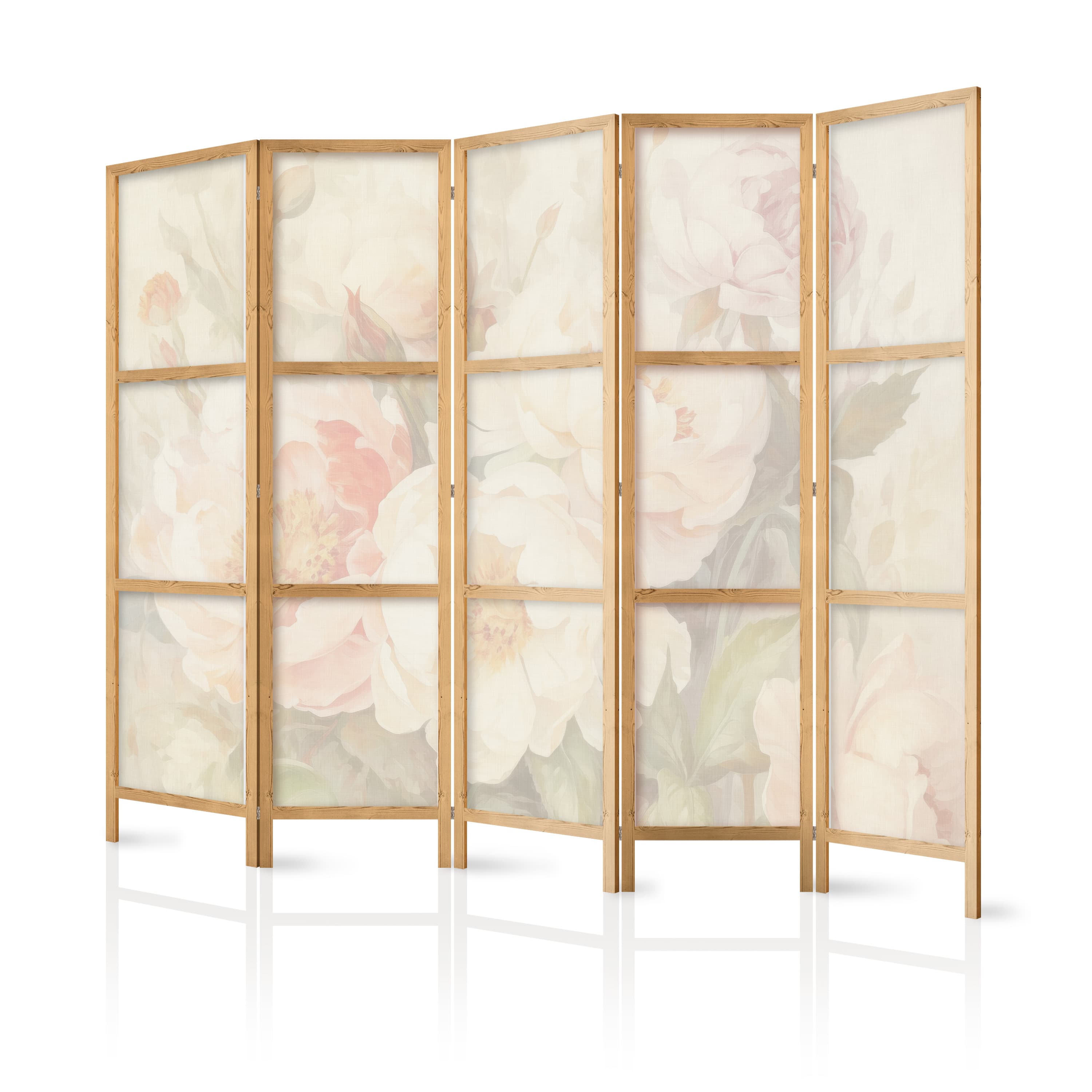 Japanischer Paravent Kwitnące piwonie - jasne duże kwiaty otulone białą mgłą 225×172 cm, japanisch