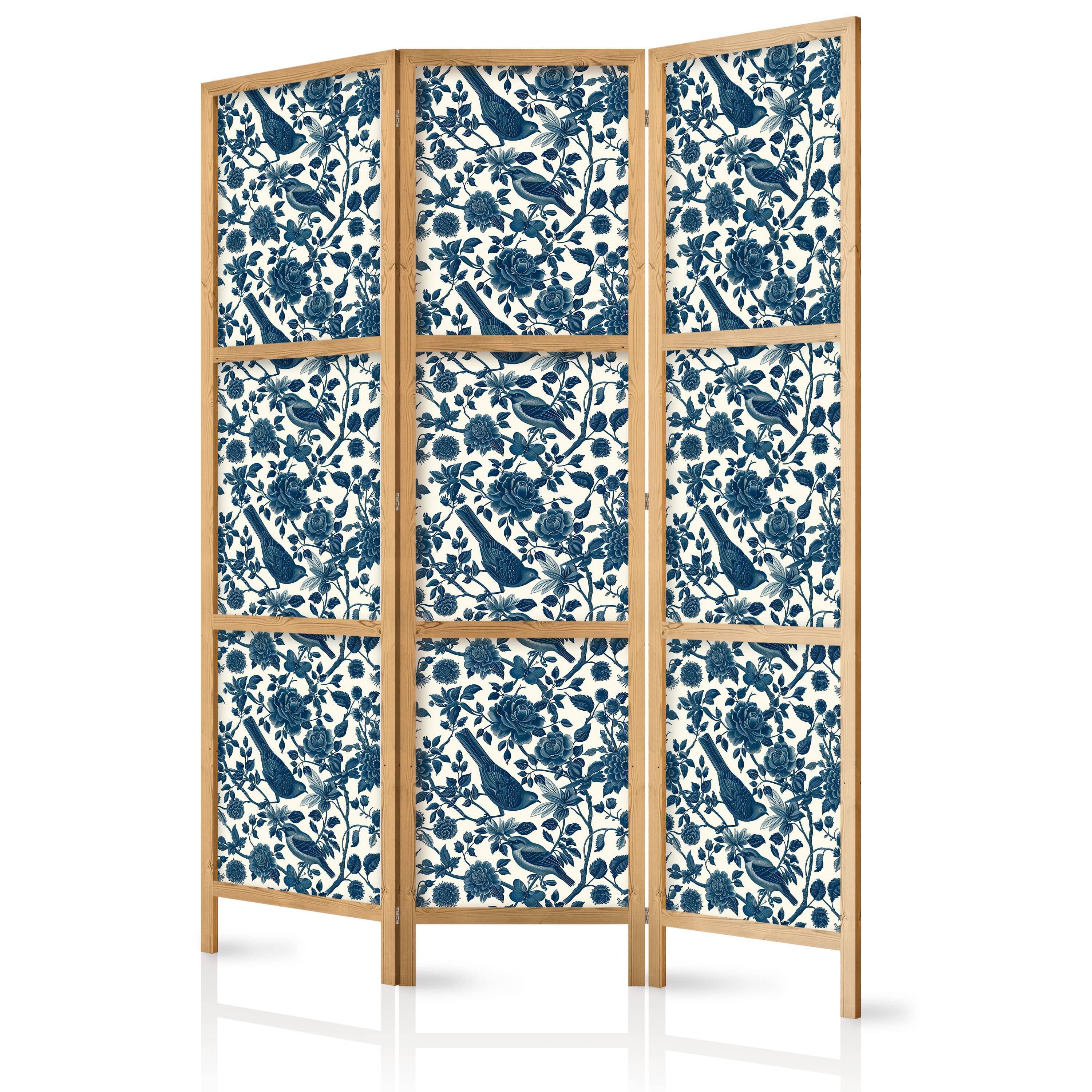 Japanese room divider Różane pnącza - monochromatyczne niebieskie ptaki odpoczywające wśród róż 135×172 cm, Japanese