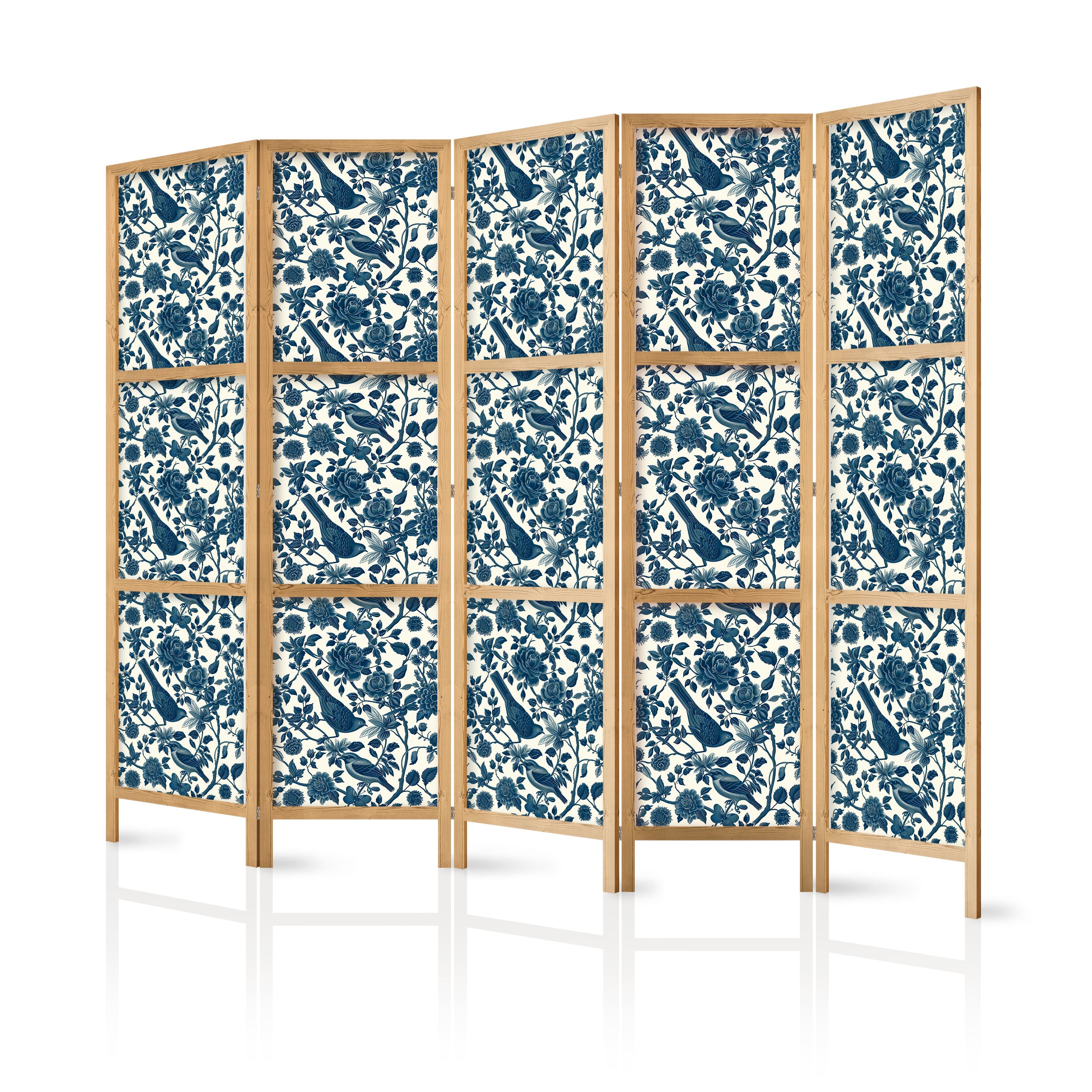 Japanese room divider Różane pnącza - monochromatyczne niebieskie ptaki odpoczywające wśród róż 225×172 cm, Japanese