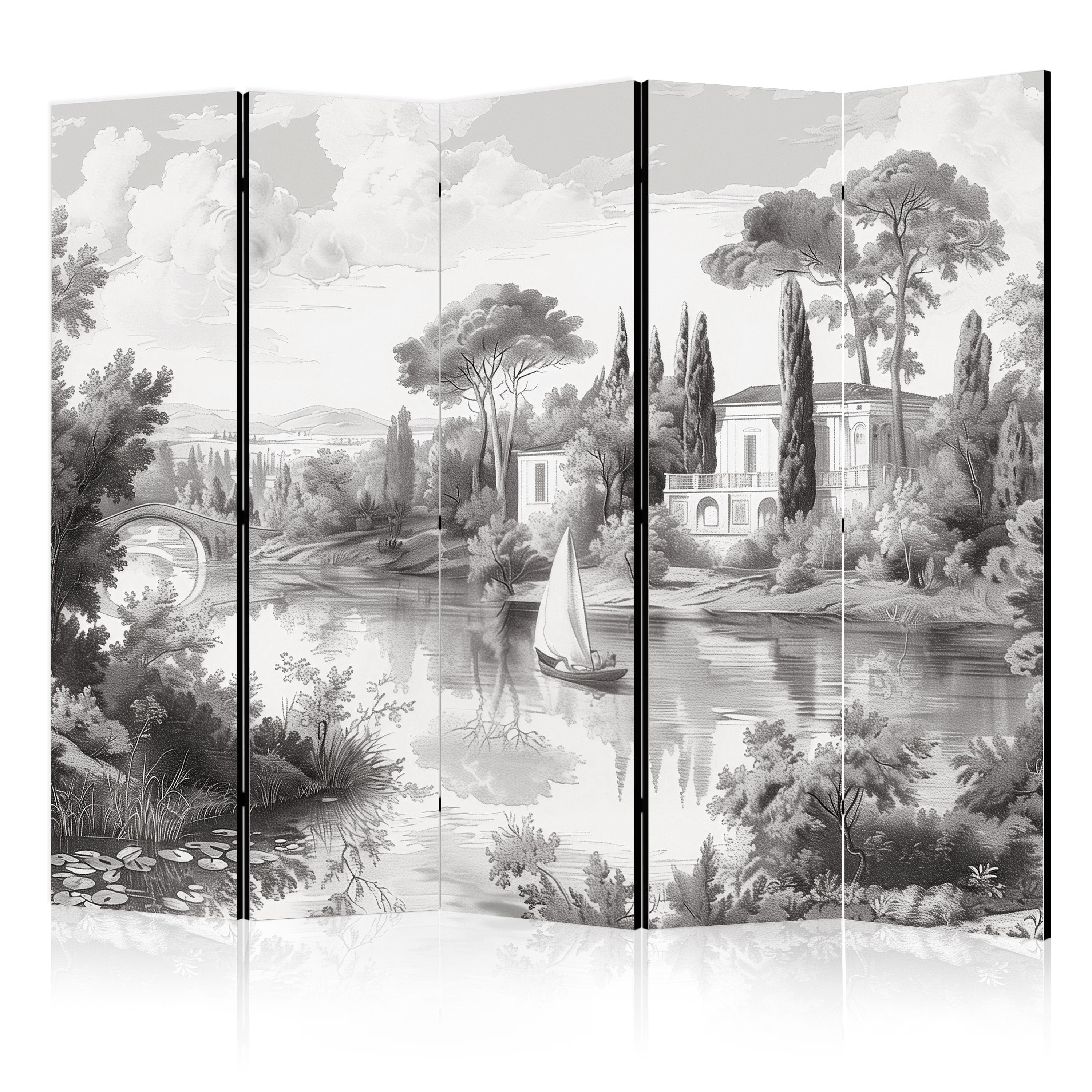 Parawan Czarno-biały pejzaż vintage - retro widok na staw z łódką 225×172 cm, akustyczny