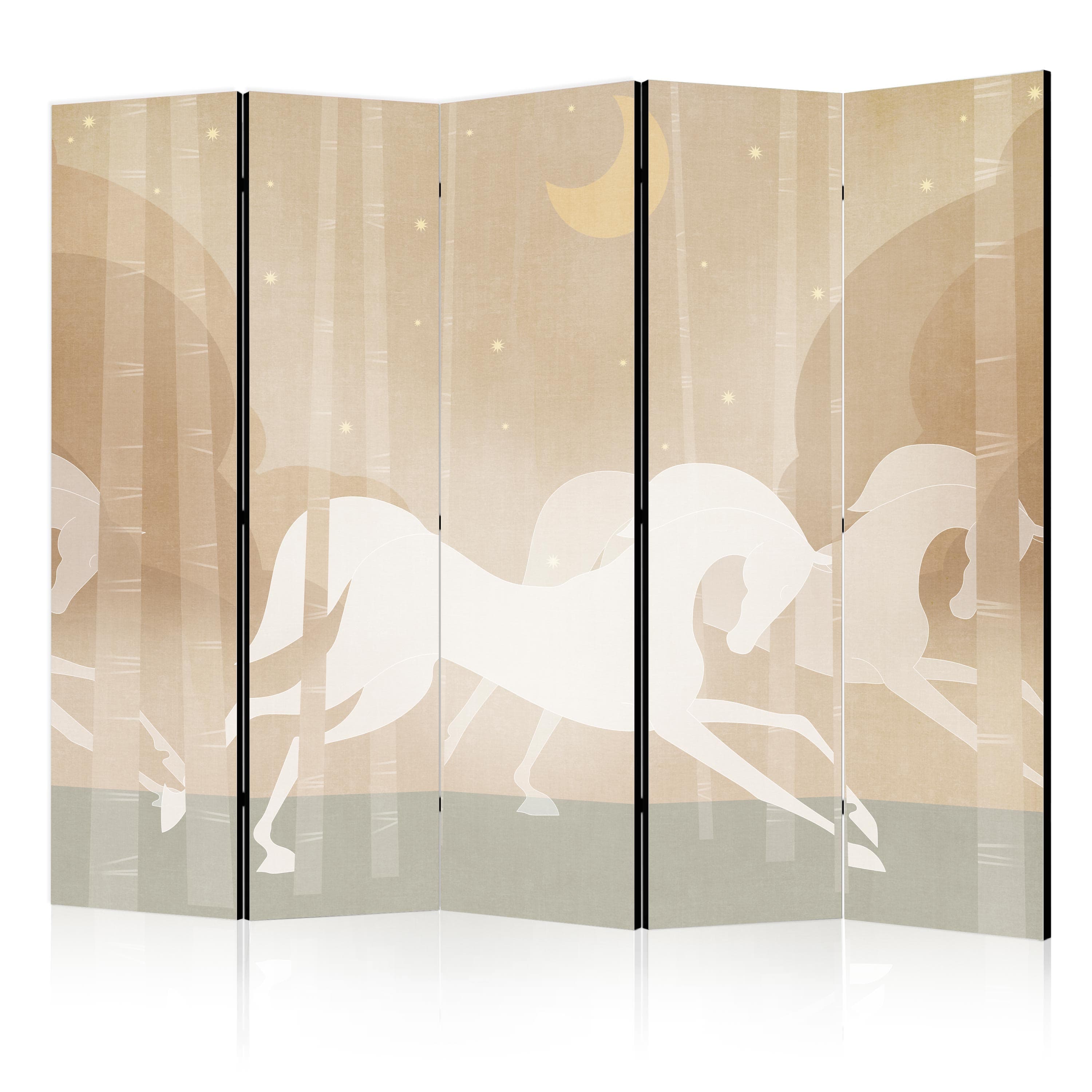 Room divider Księżycowe rumaki - konie galopujące wśród drzew w gwieździstą noc 225×172 cm, acoustic
