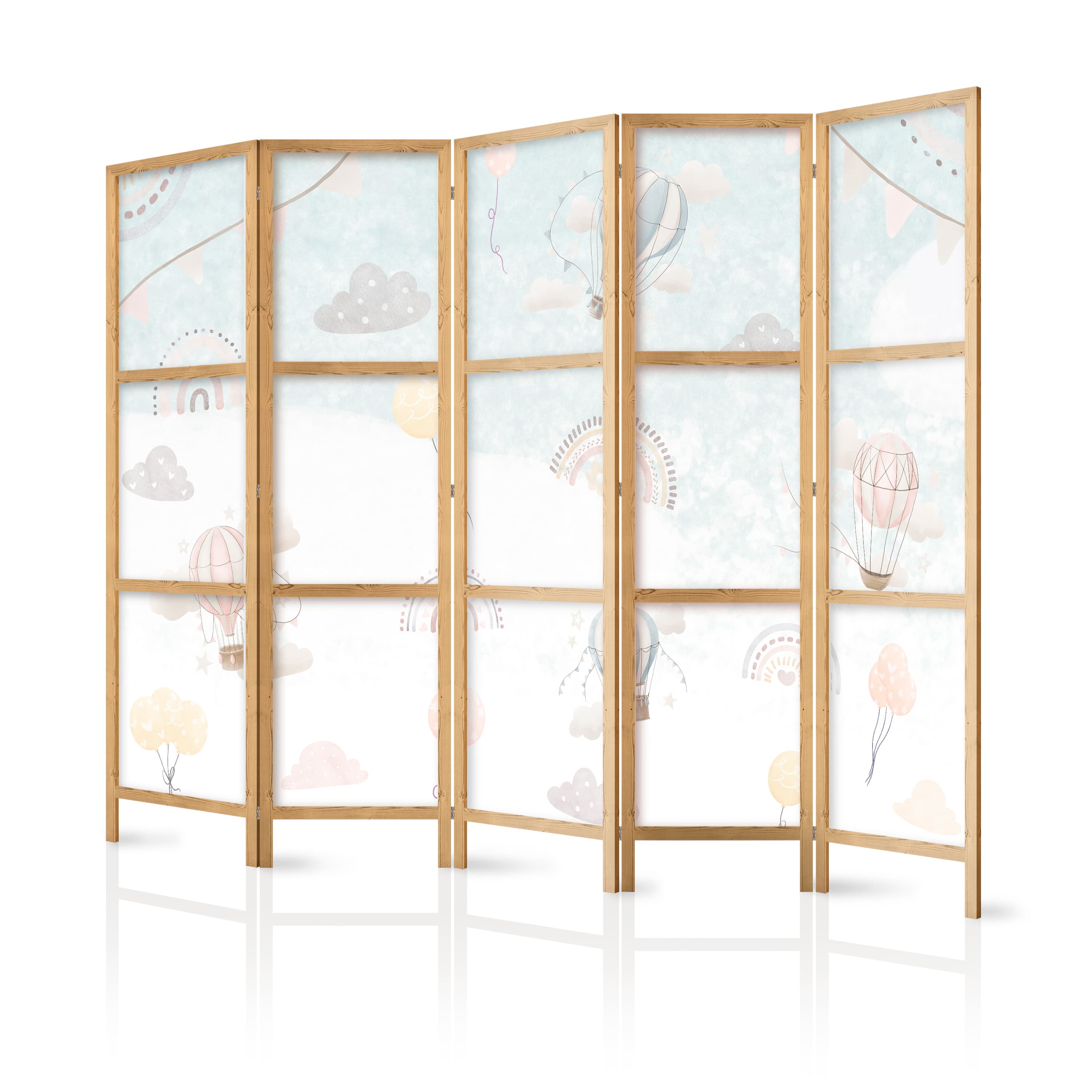 Japanese room divider Balony na niebie - Balony w pastelowych barwach latające po zachmurzonym niebie - wśród tęczy i gwiazd 225×172 cm, Japanese
