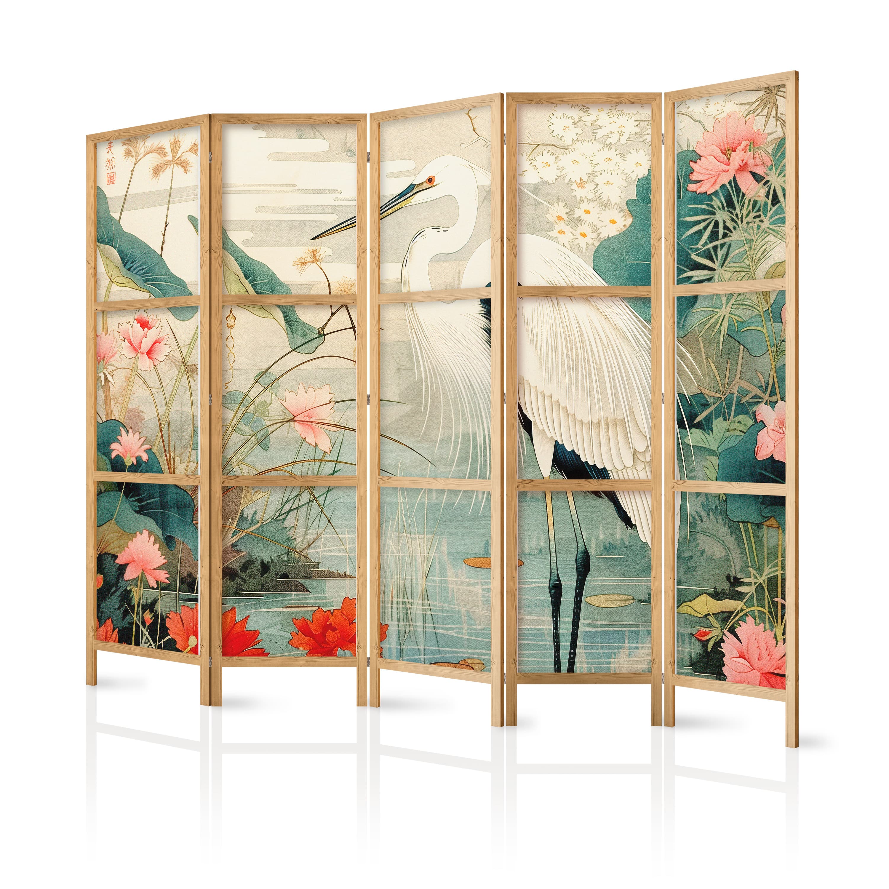 Japanese room divider Nad azjatyckim stawem - ilustracja w stylu japońskiej ryciny, przedstawiająca czaplę 225×172 cm, Japanese