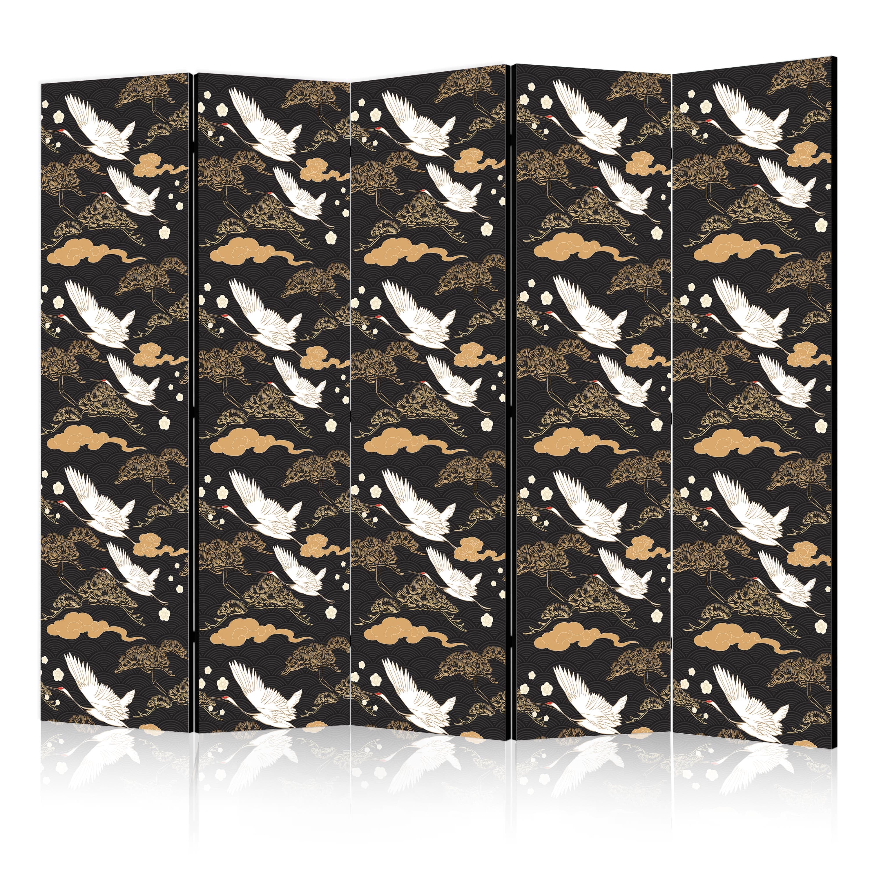 Parawan Orientalne impresje - dekoracyjny wzór z motywem lecących żurawi na ciemnym tle 225×172 cm, akustyczny