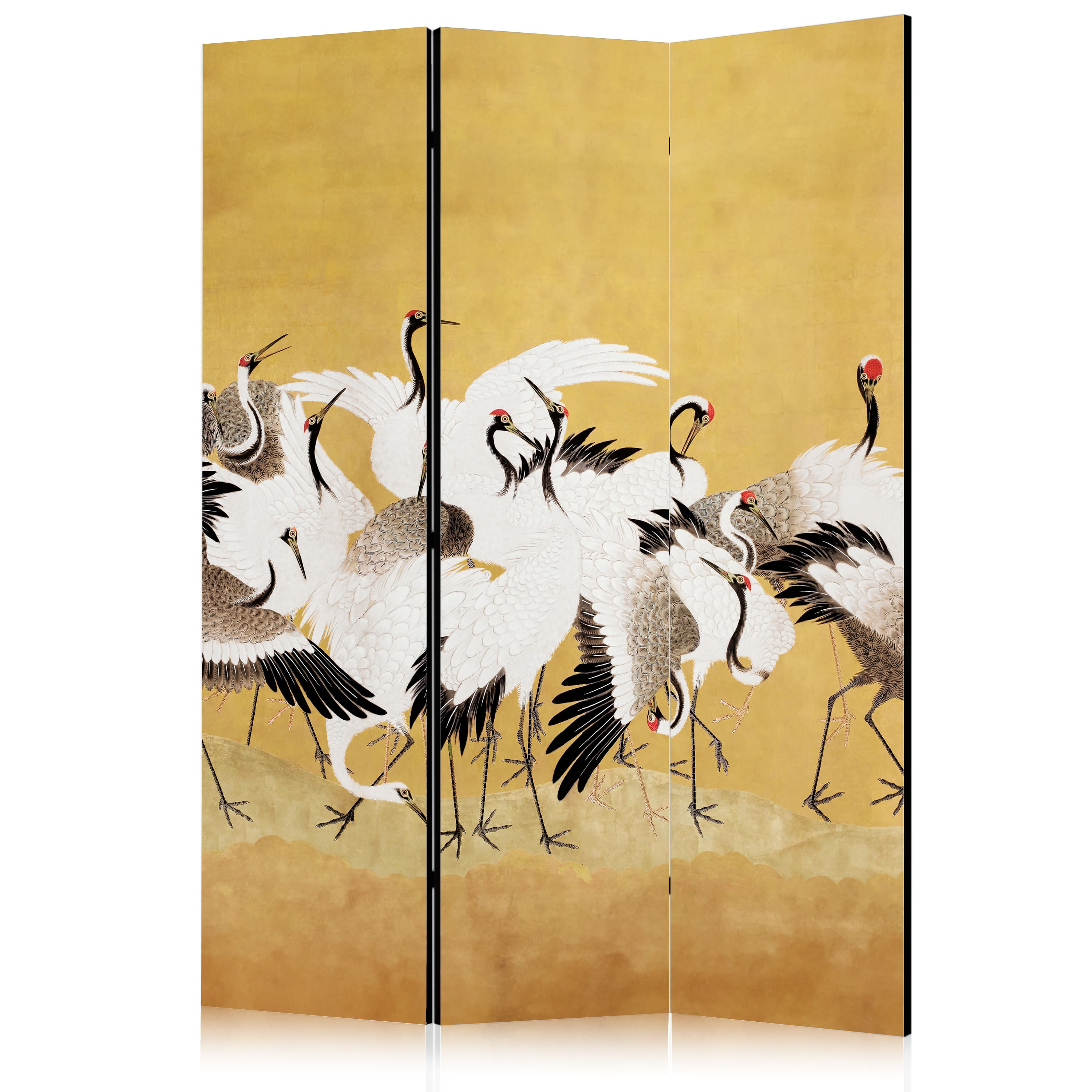 Paravent Japońskie żurawie - stado ptaków na tle w odcieniu złota na podstawie obrazu Ishida Yūtei 135×172 cm, akustisch