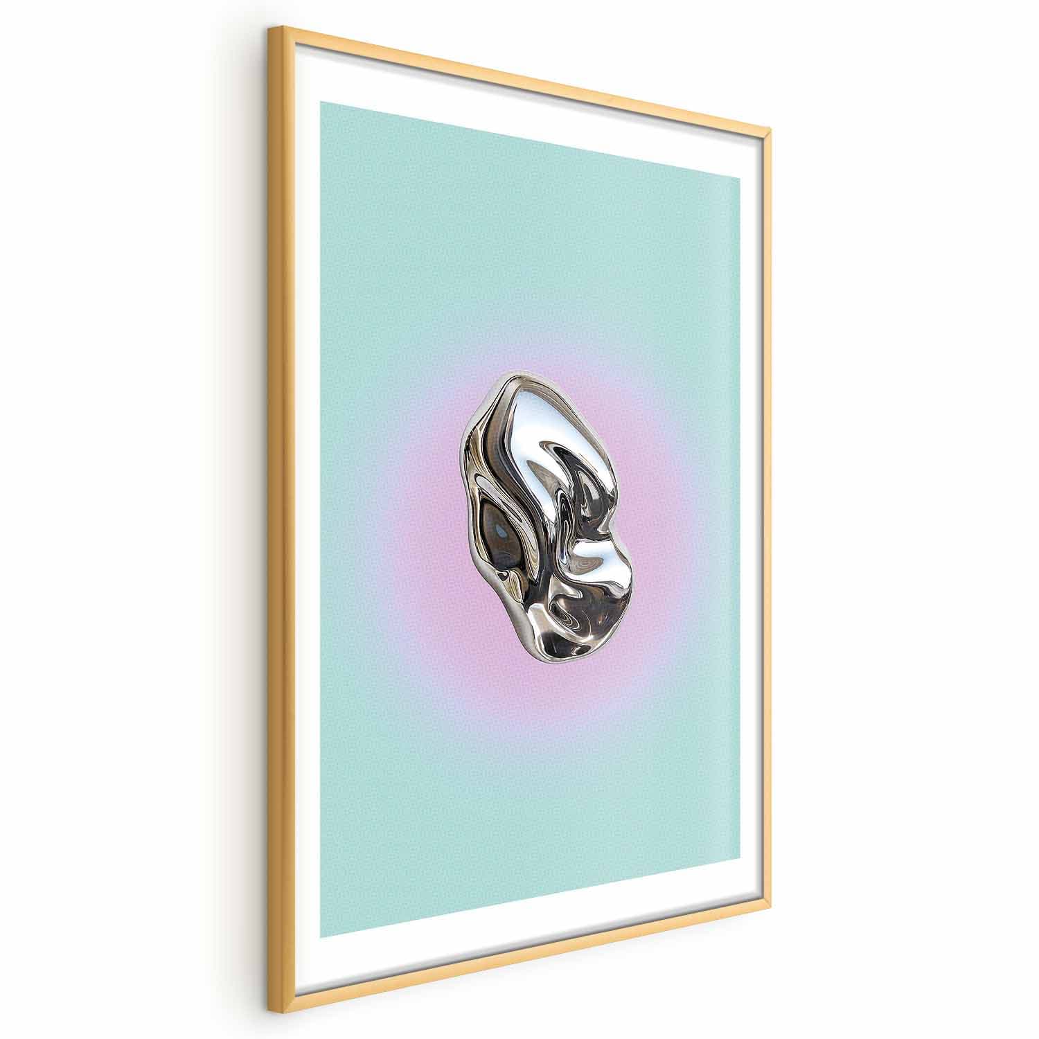 Poster Metaliczna Forma - abstrakcyjna rzeźba na miętowym tle z fioletowym halo 30×42 cm