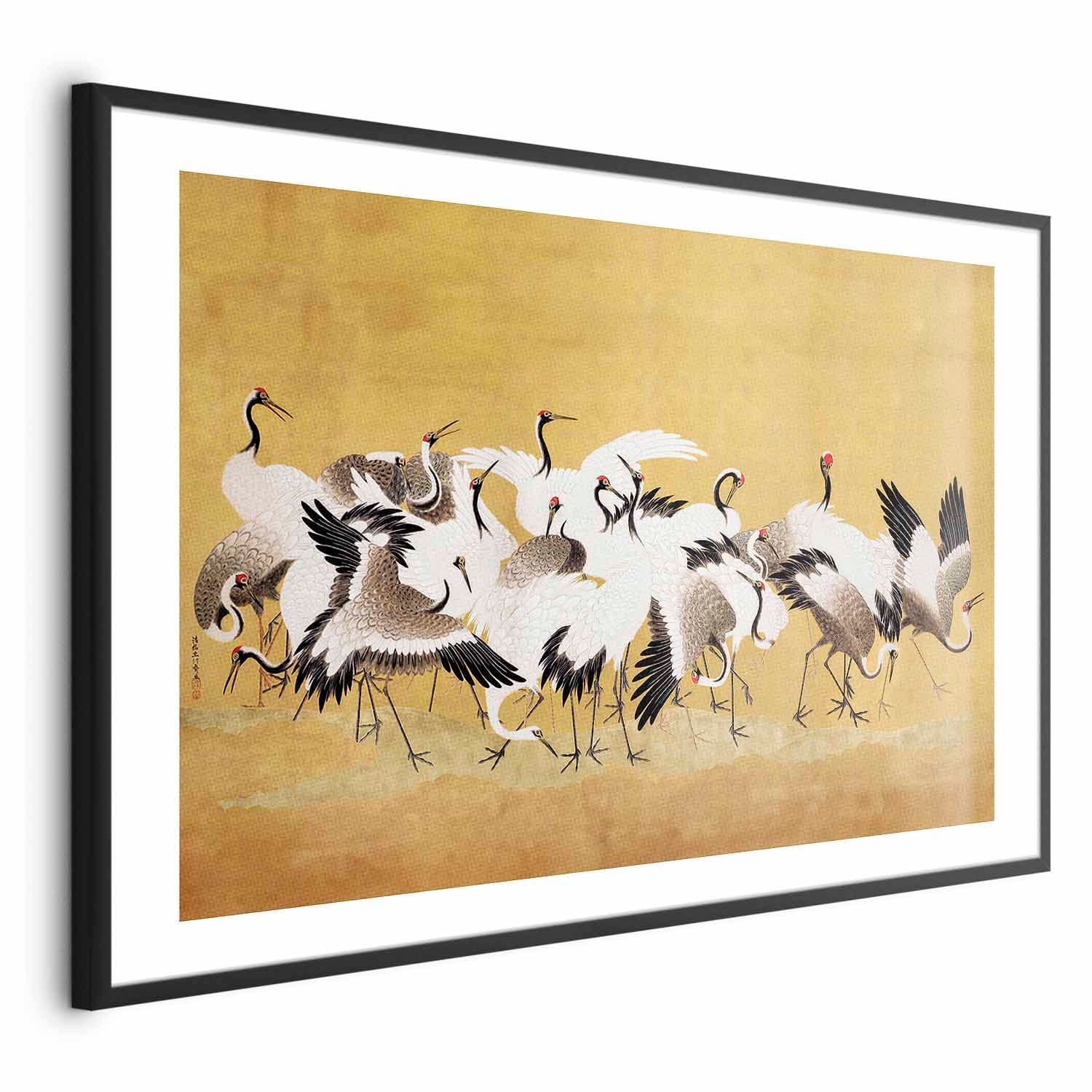 Poster Japońskie żurawie - stado ptaków na tle w odcieniu złota na podstawie obrazu Ishida Yūtei 42×30 cm