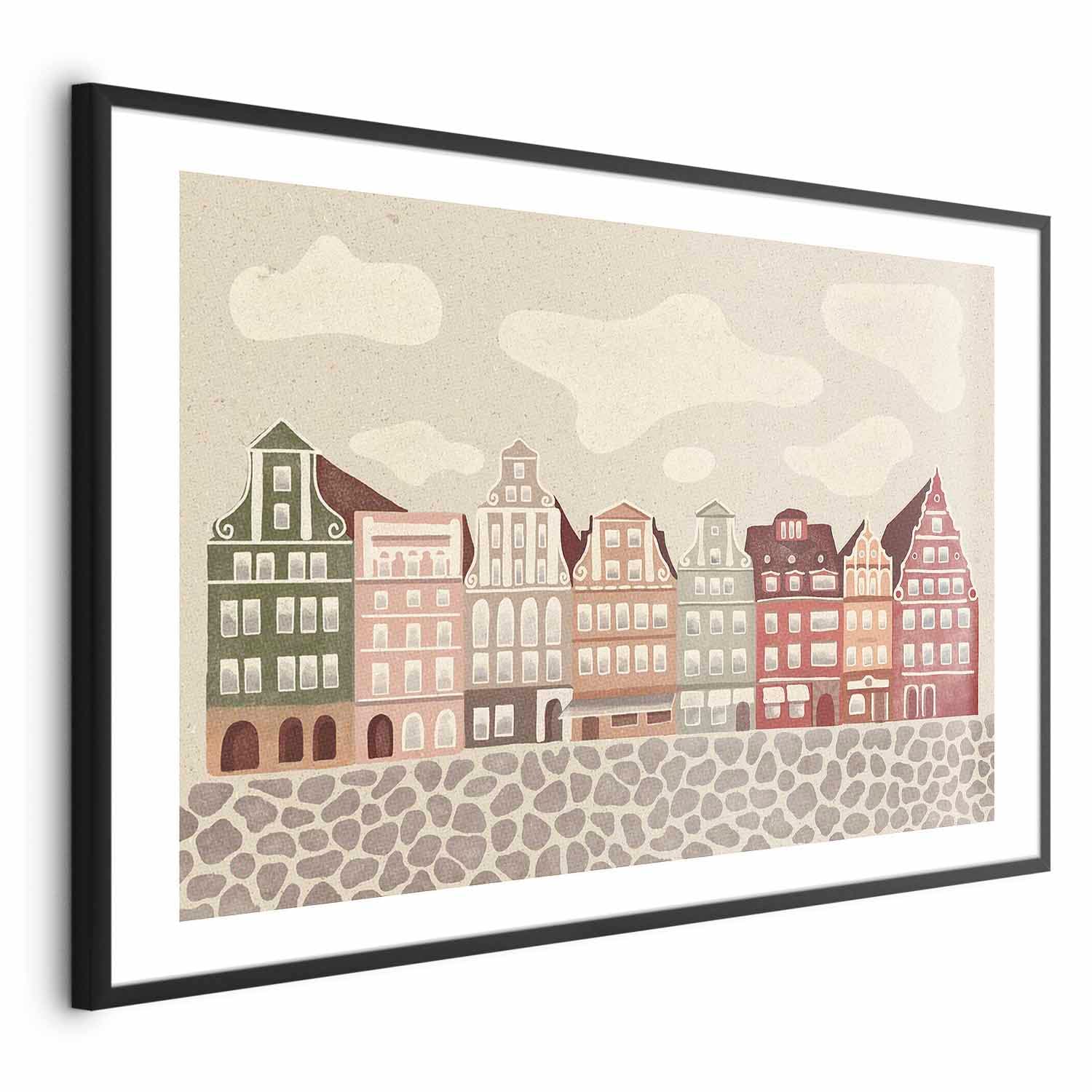 Plakat Kolorowe Fasady - zabytkowe wrocławskie kamienice na tle nieba i brukowanej uliczki 60×40 cm