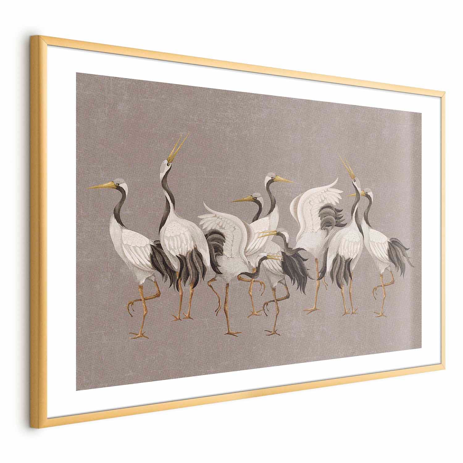 Poster Taniec żurawi - jasne sylwetki ptaków na ciepło-szarym tle z fakturą 90×60 cm