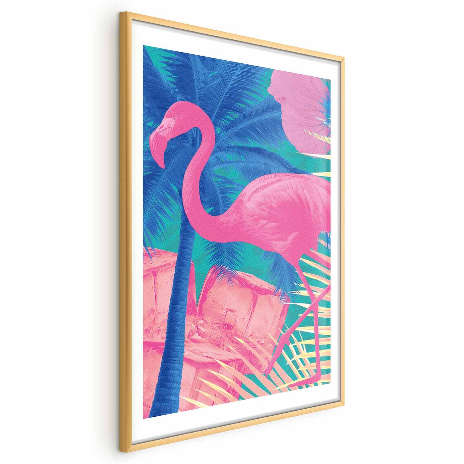 Plakat Różowy Flaming - Abstrakcyjny Flaming na Tle Palm i Kostek Lodu 40×60 cm