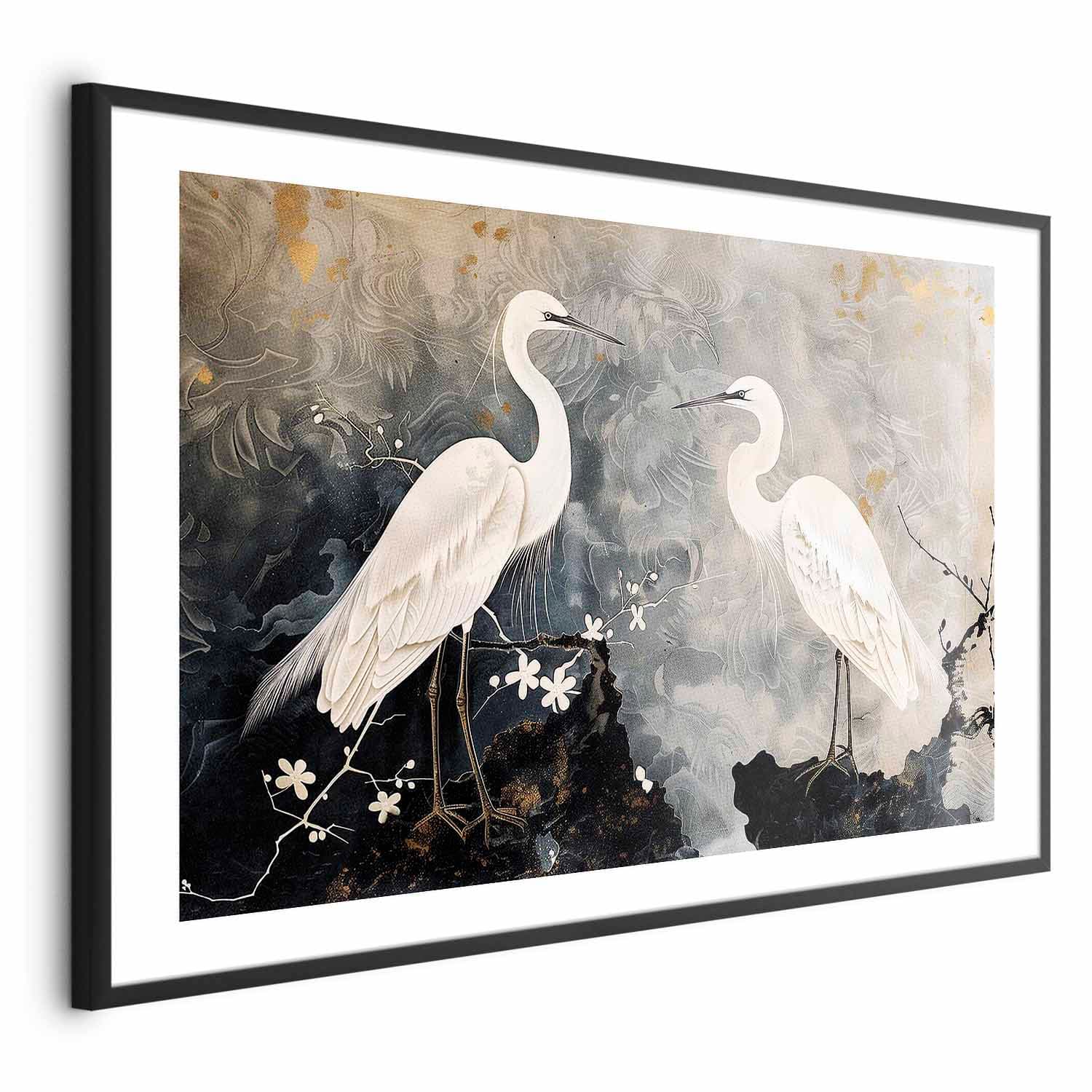 Plakat Czaple i kwiat wiśni - ilustracja w orientalnym stylu przedstawiająca ptaki 30×21 cm