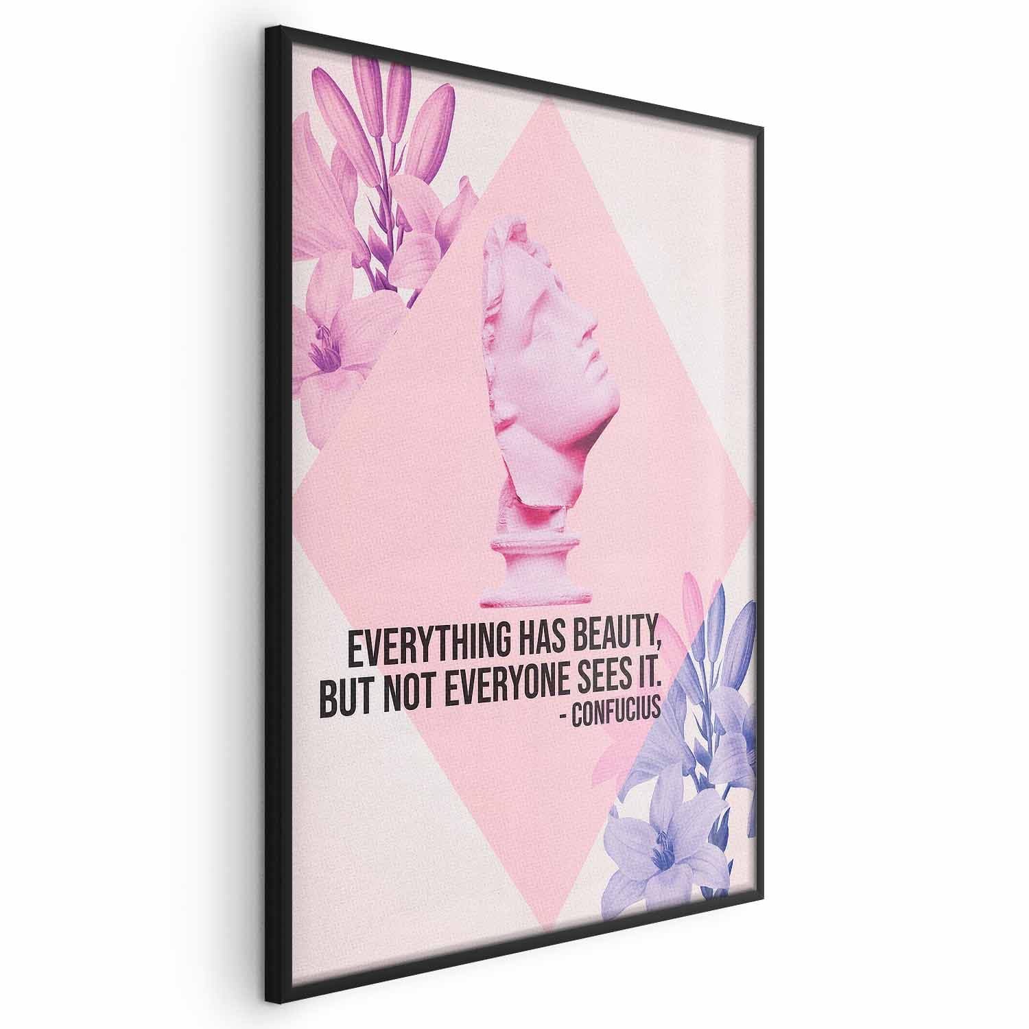 Plakat Konfucjusz o Pięknie - popiersie w różu z kwiatami i cytatem 21×30 cm