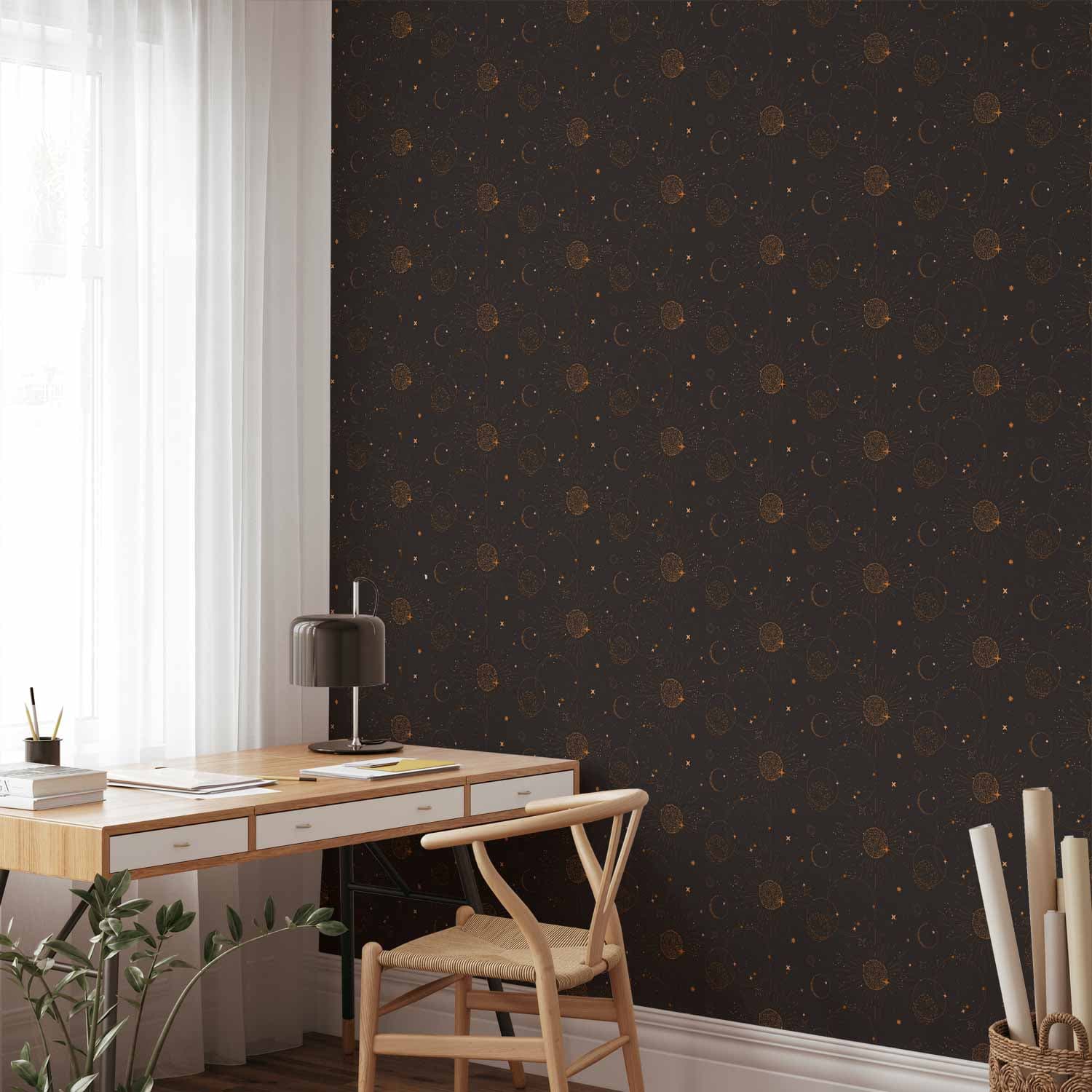 Wallpaper Nocne Niebo - artystyczna kompozycja słońc i planet na czarnym tle 50×1000 cm, premium non-woven
